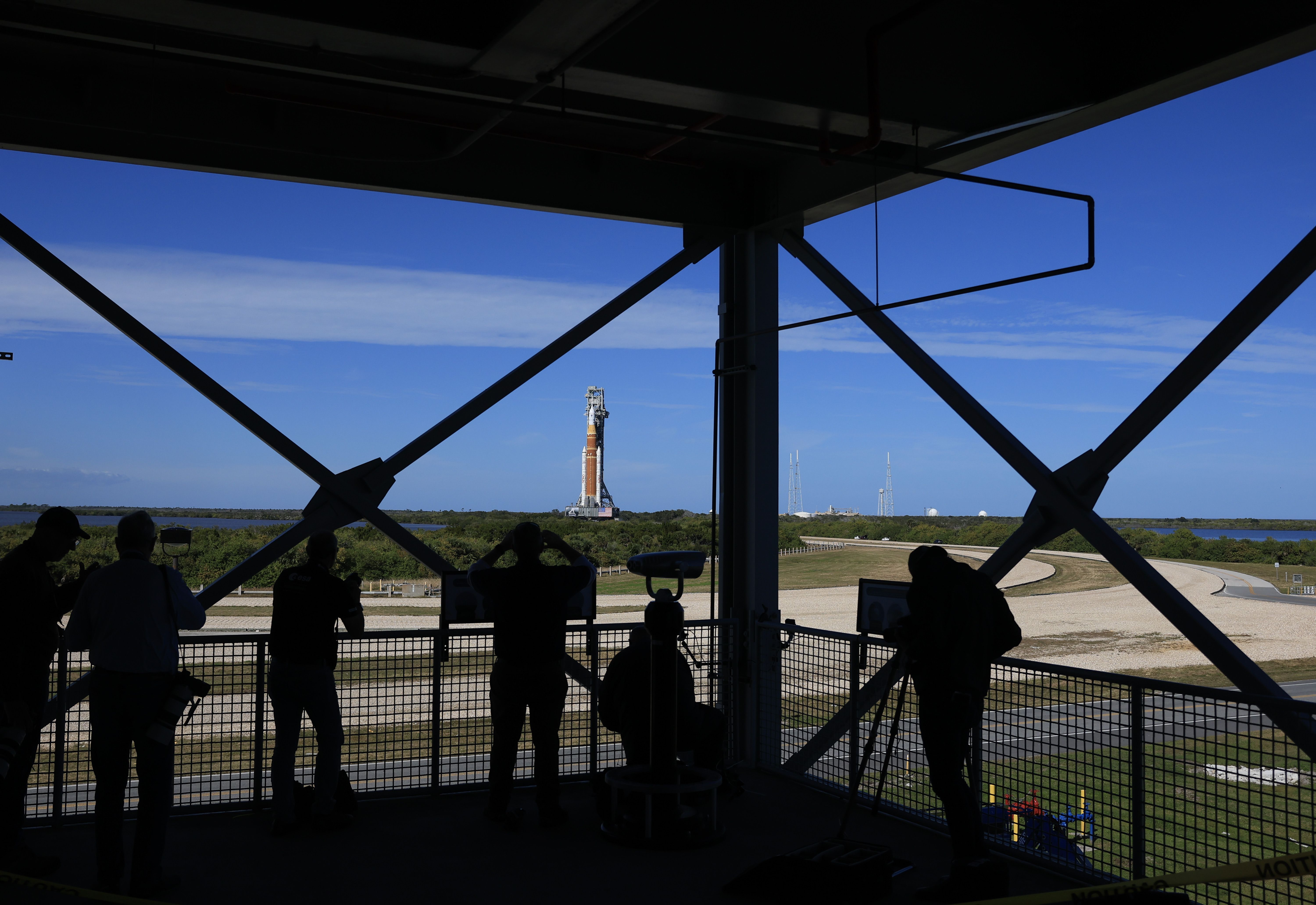 The Artemis II rocket rolls to Launch Pad 39B at the Kennedy Space Center in Cape Canaveral, Fla., on Saturday.
