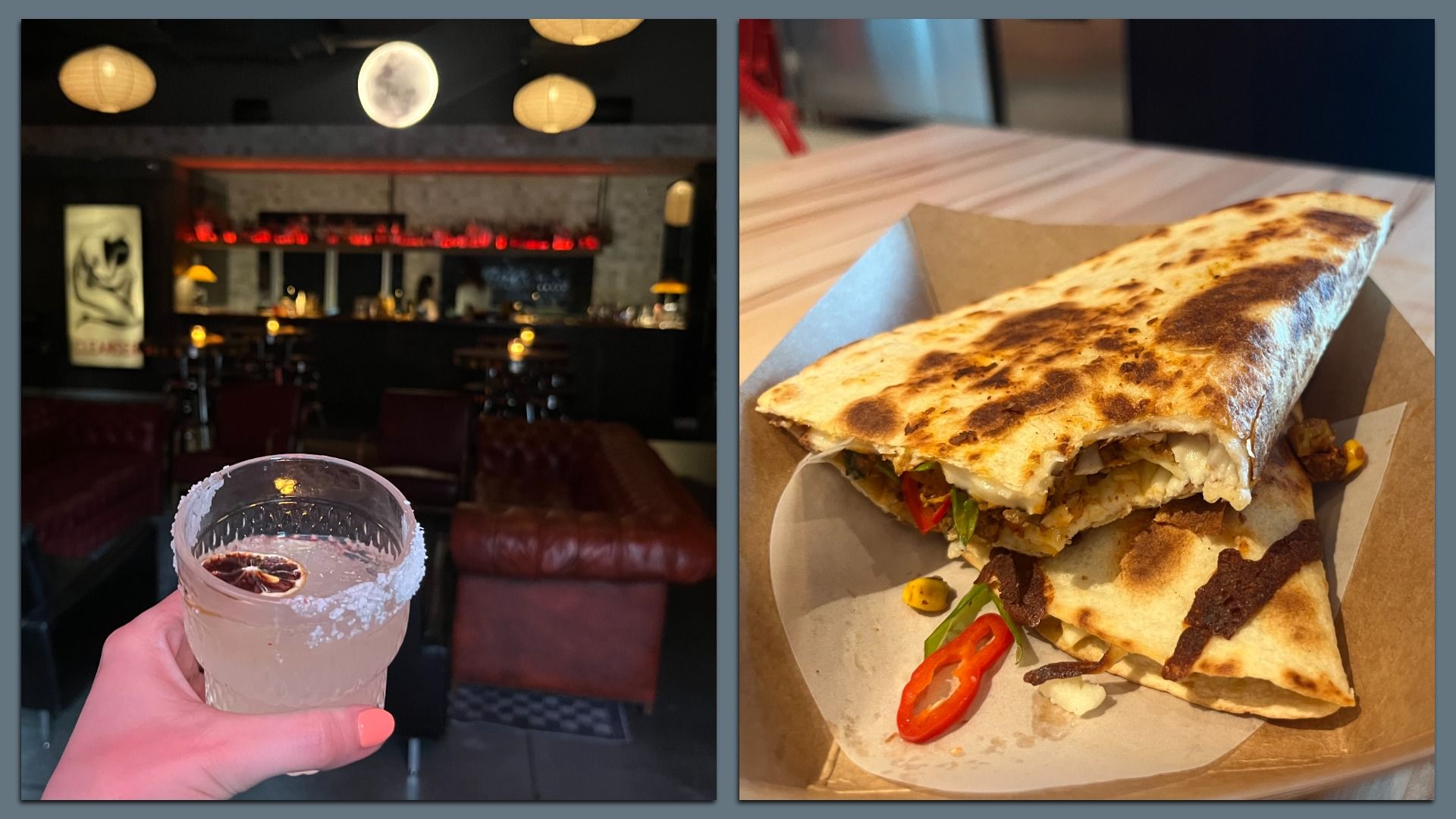 Two-panel image: left shows a hand holding a salted-rim margarita in a dim lantern-lit bar; right shows a large grilled quesadilla with meat and vegetables on a wooden table.