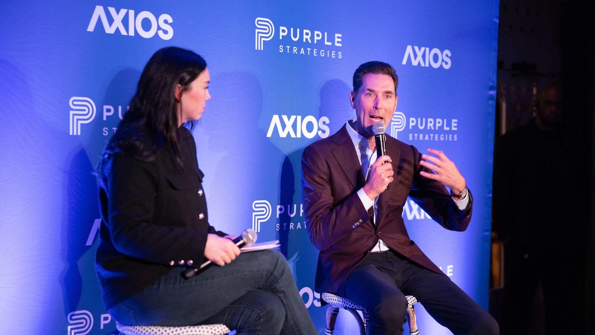 PhRMA CEO Stephen Ubl (right) speaks at an Axios event in San Francisco to Axios' Eleanor Hawkins.