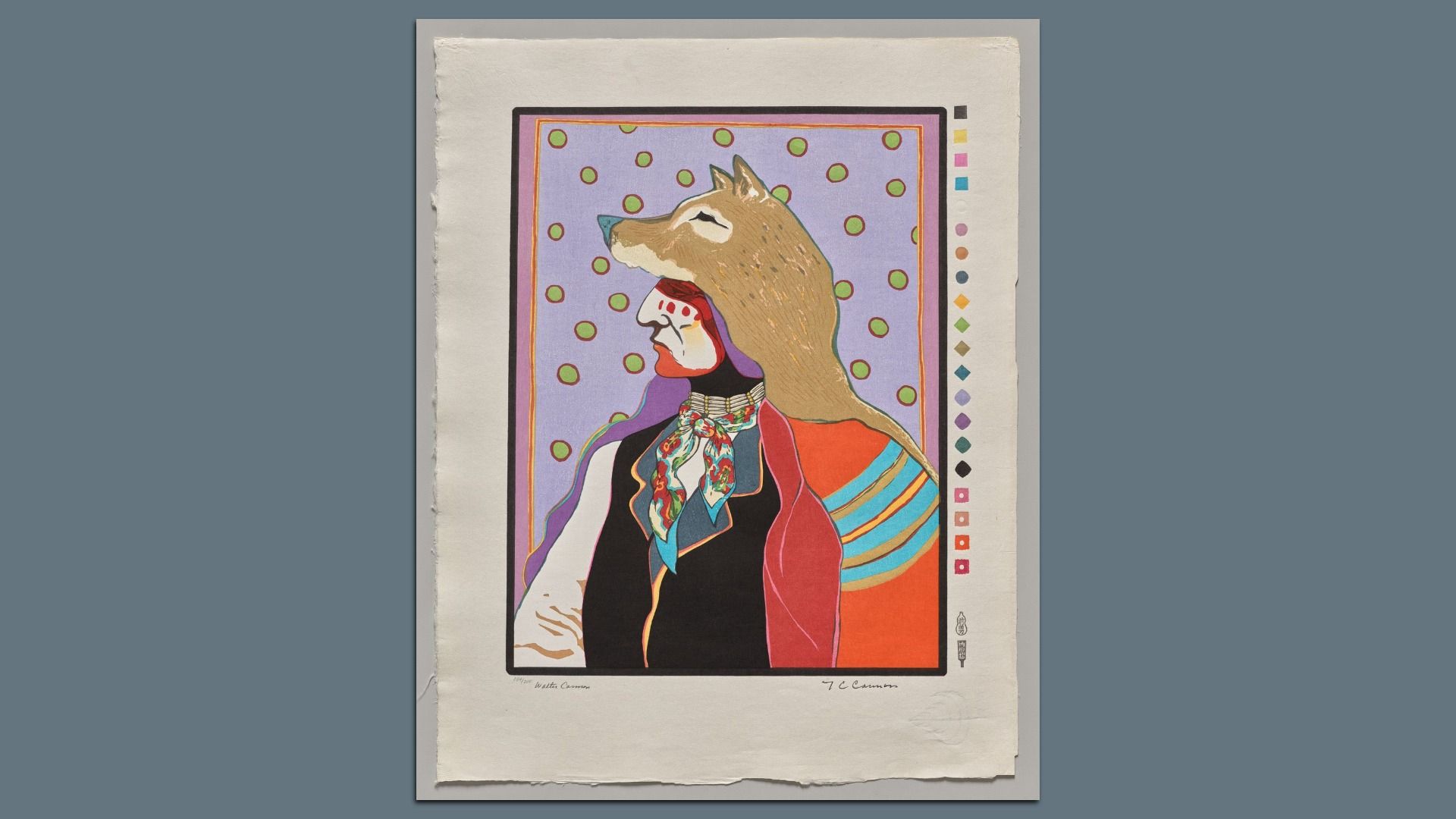 Colorful illustration of a person in profile wearing a wolf headdress, multicolored clothing, and a scarf, set against a purple background with green dots and framed by color swatches.