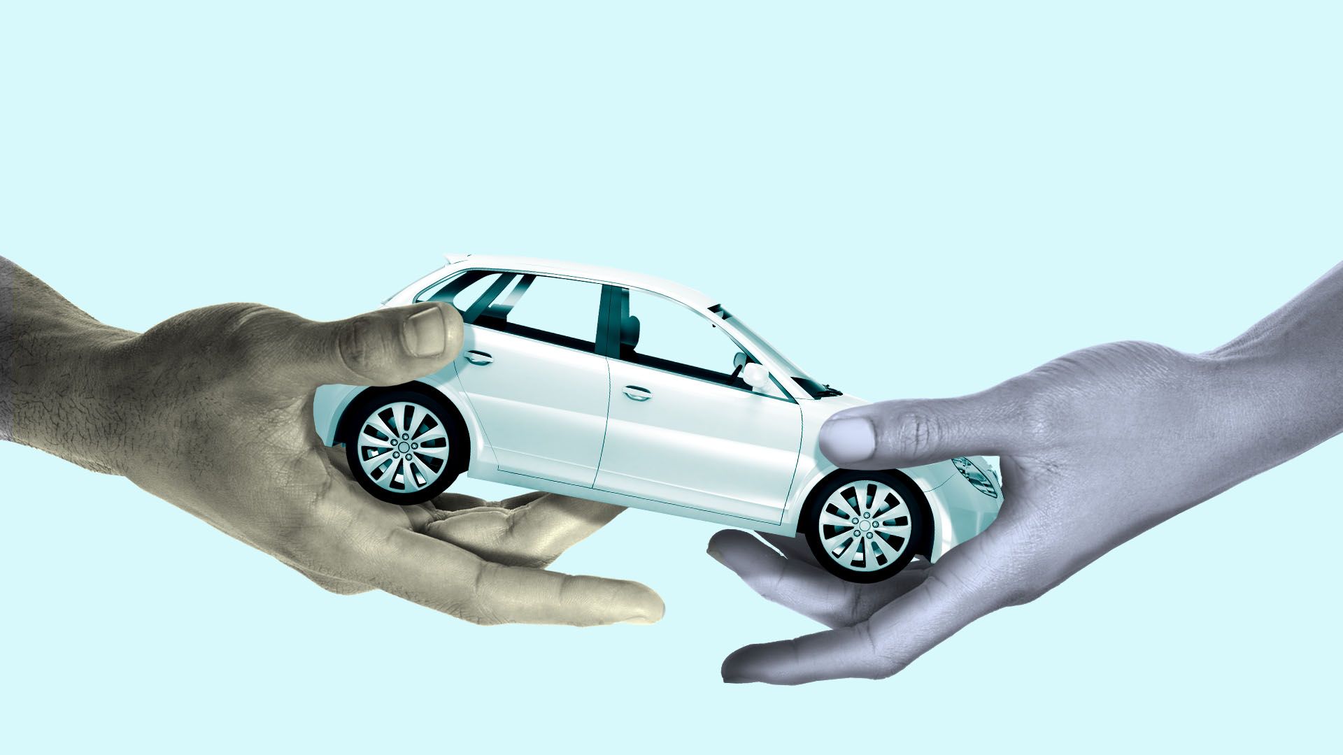In this illustration, two giant hands hold a miniature car. 