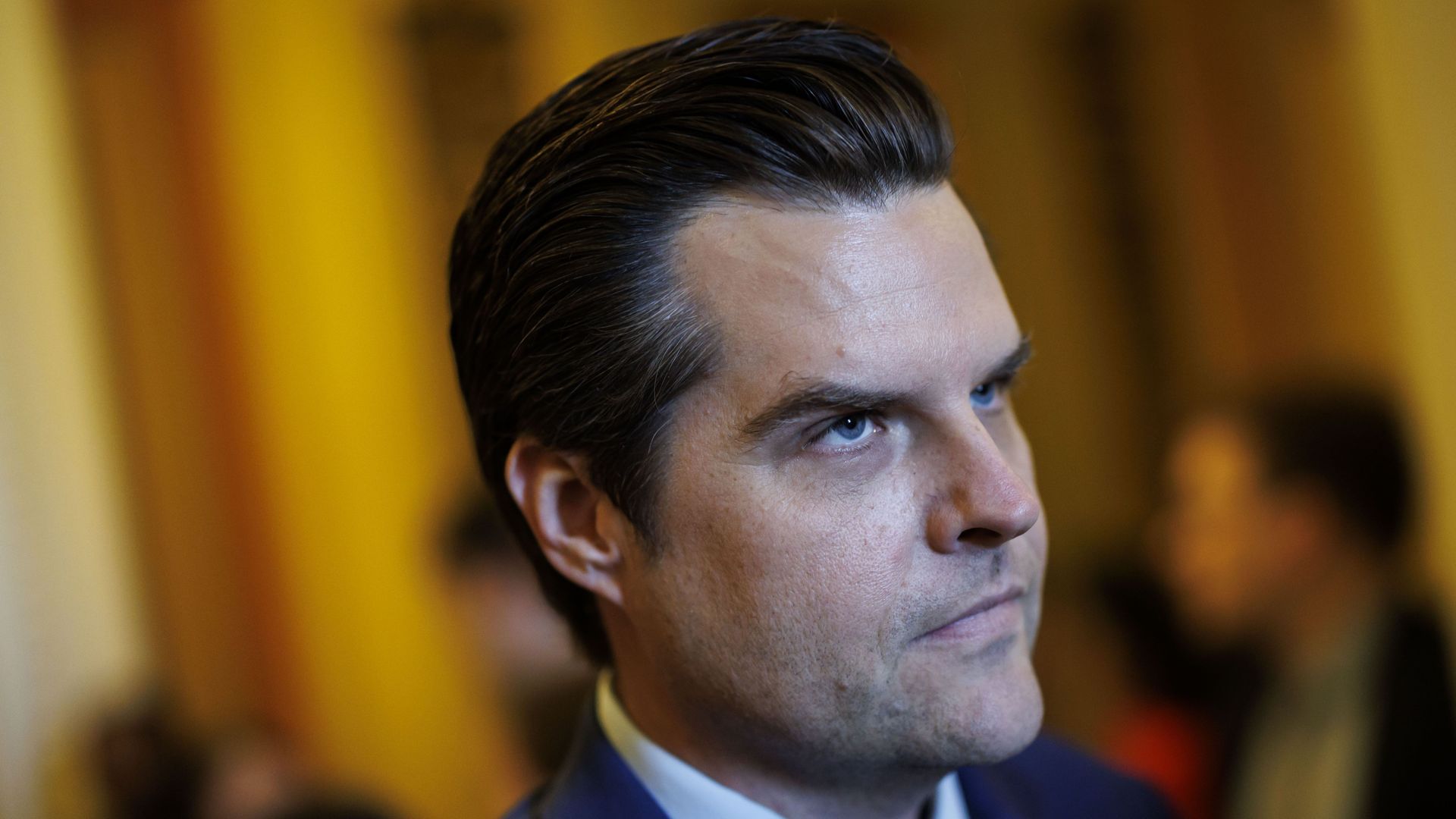 Close-up profile of Rep. Matt Gaetz (R-Fla.) while in the U.S. Capitol