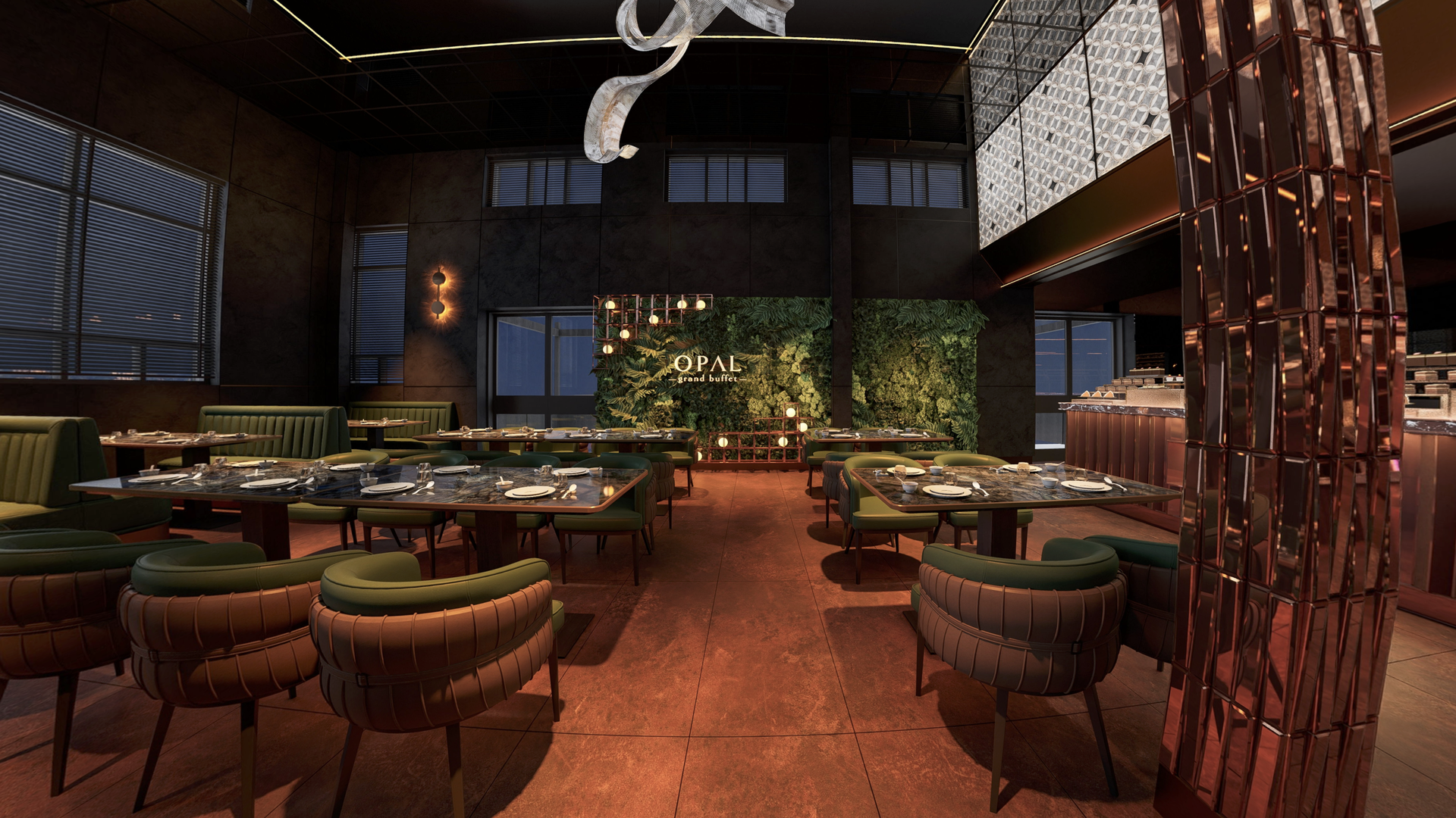 Dim upscale restaurant interior with dark walls, green booth seating, and marble tables set for dining; a lush plant wall behind a sign reading OPAL grand buffet, and copper mirrored columns.