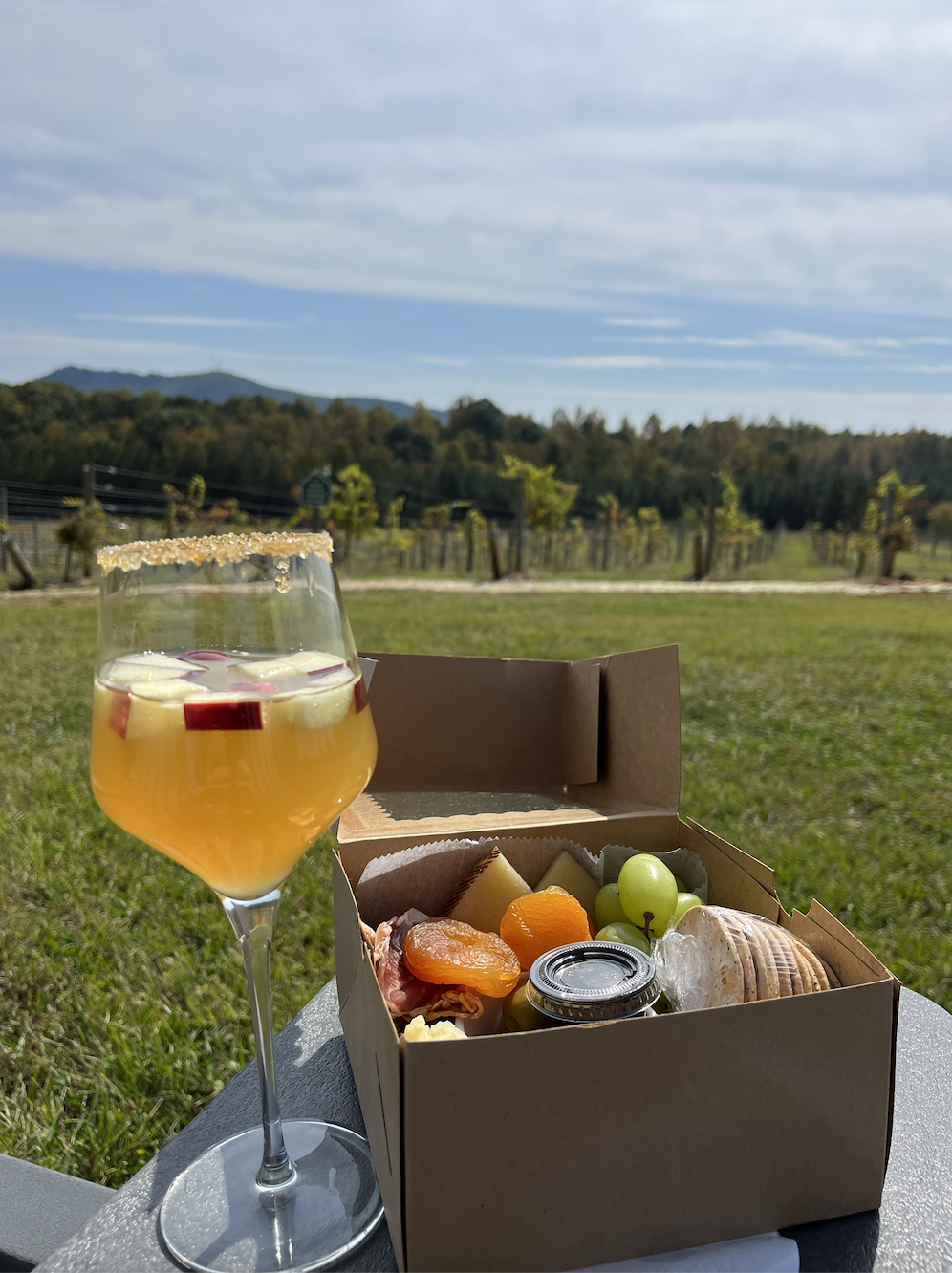 sangria and charcuterie box perched on a chair overlooking a mountain vineyard