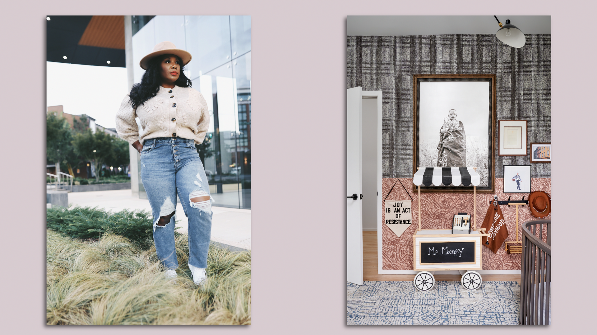 photos of ashley ross interior designer and a space she designed side by side