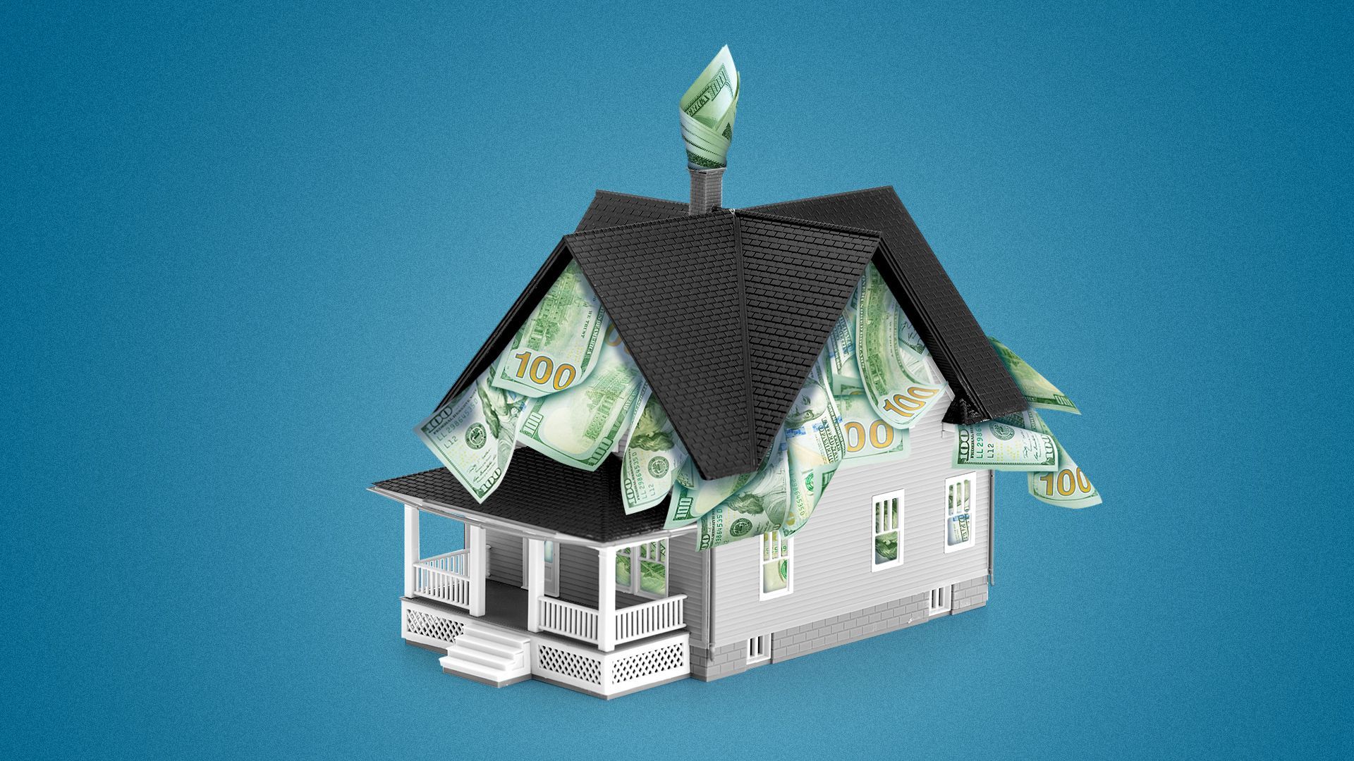 Illustration of a house stuffed to the brim with money, with some bills sticking out from the roof.