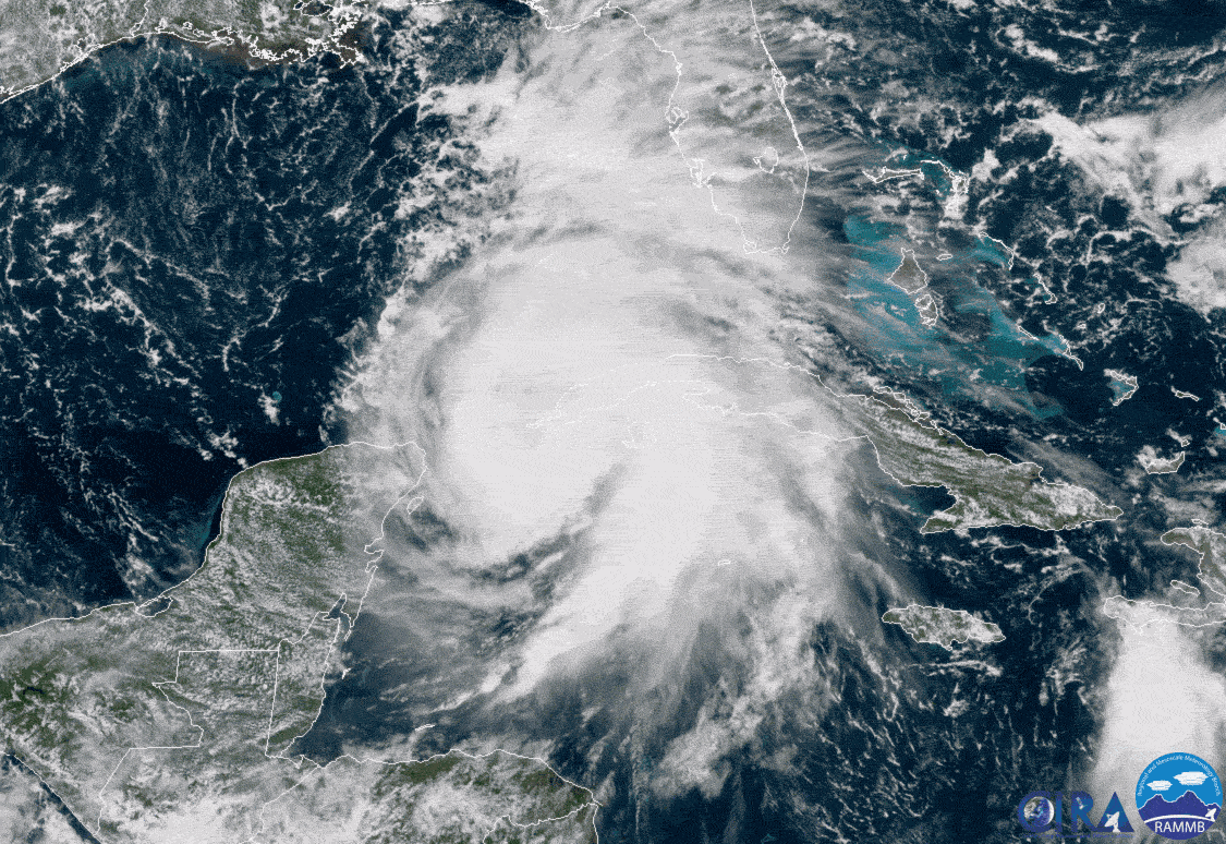 Satellite loop of Hurricane Michael swirling off the western tip of Cuba on October 8, 2018.