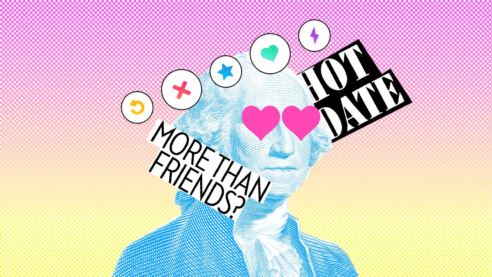 Illustration of George Washington with dating phrases
