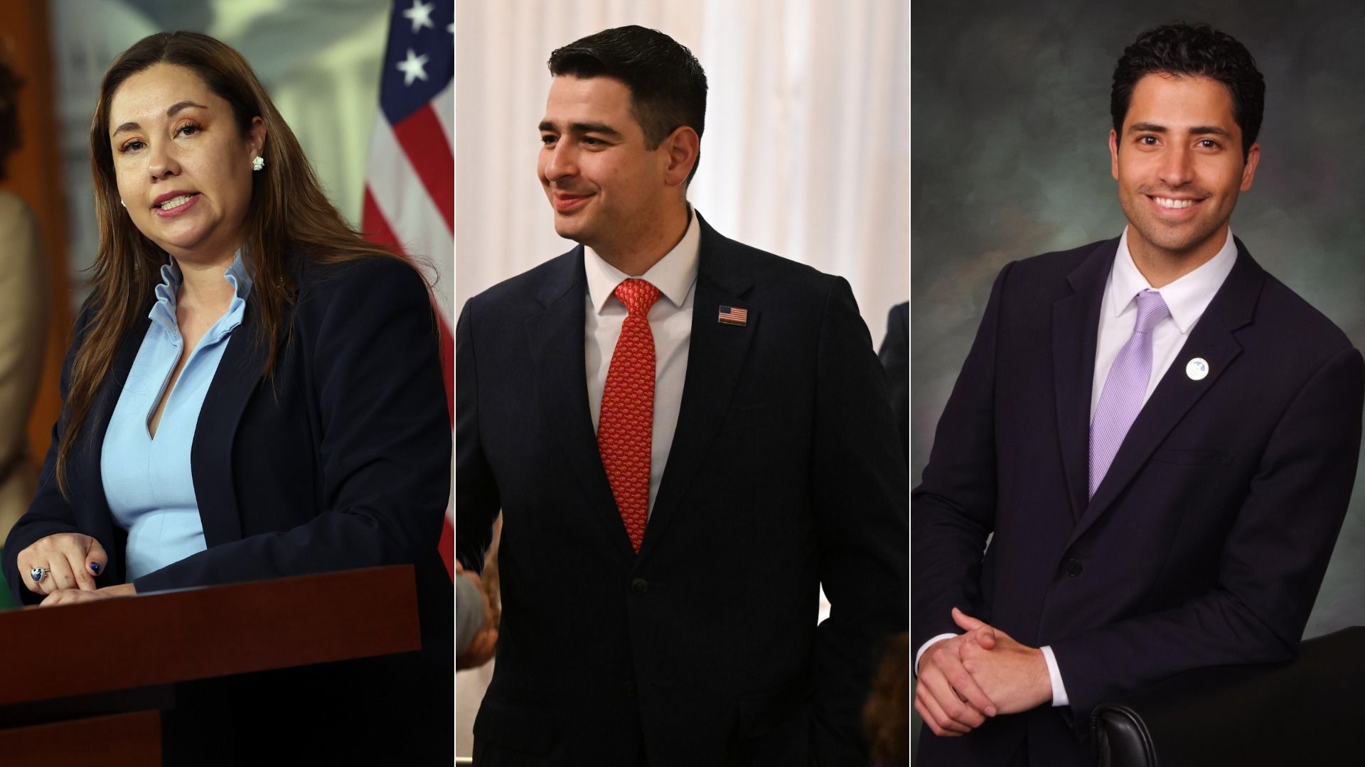 A woman speaking on a lectern, a man shaking another person's hand, and a man posing for a photo.