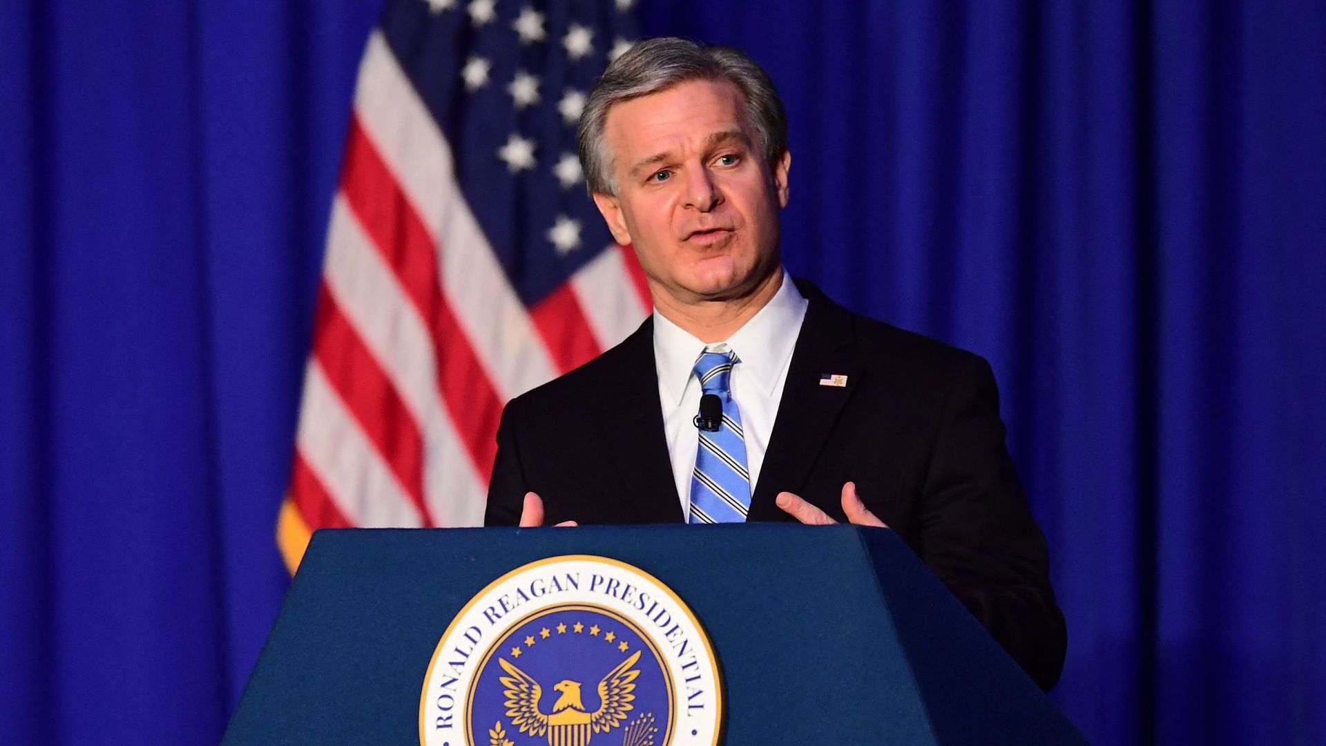FBI Director Christopher Wray speaks at the Reagan Library in Simi Valley, California, January 31