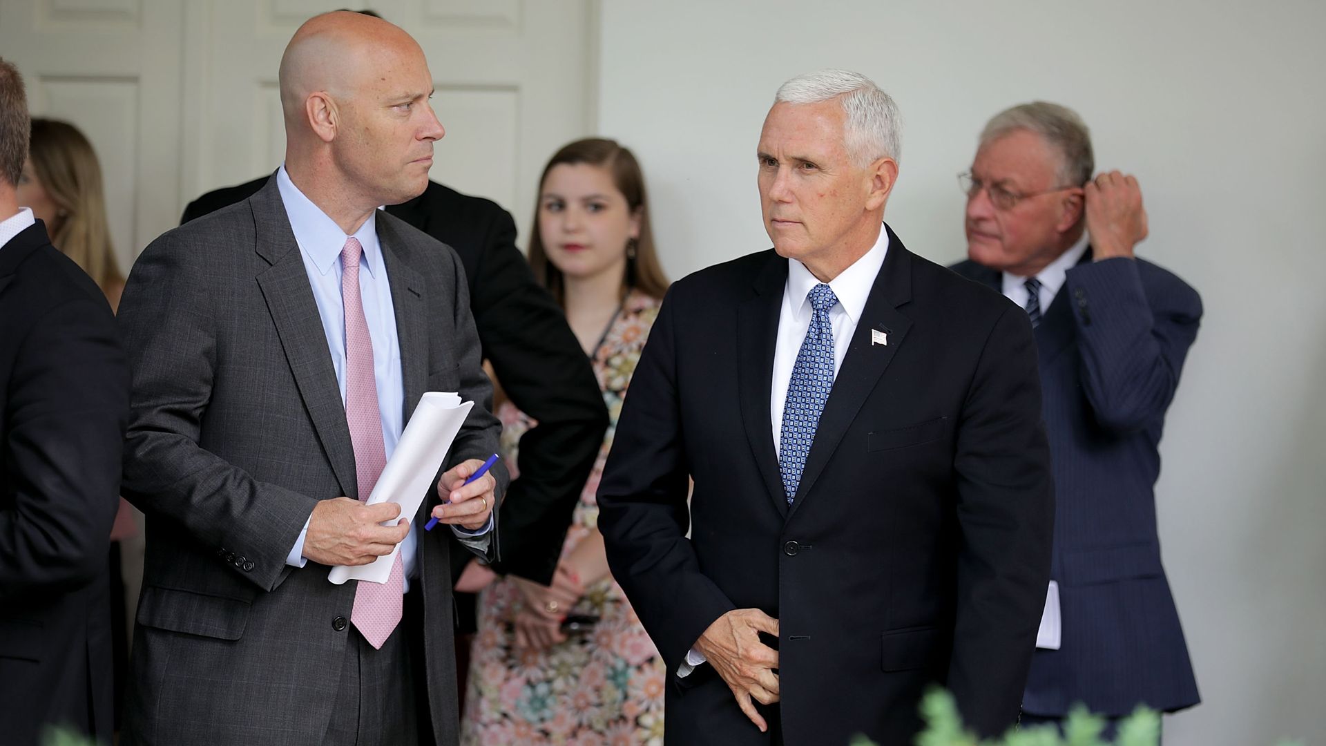 Then-White House Legislative Affairs Director Marc Short (L) and Vice President Mike Pence arrive at the Rose Garden at the White House on June 6, 2018 .