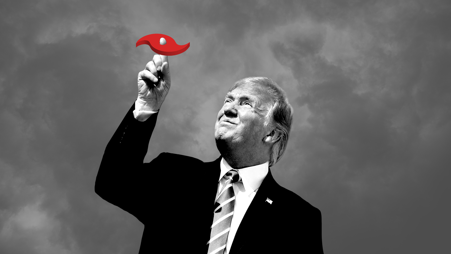 Illustration of Trump looking up at a stormy sky while a hurricane symbol spins around his finger