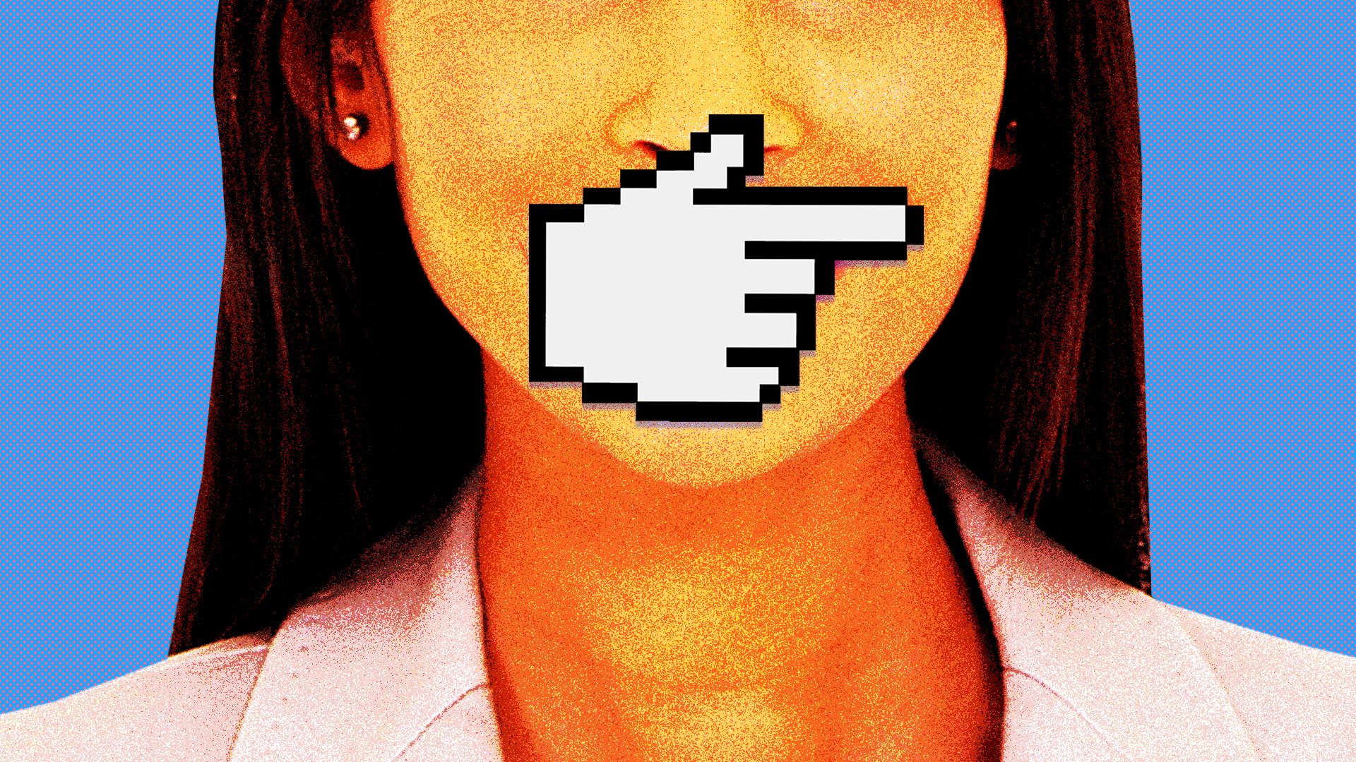 An. illustration of a woman being silenced by a hand cursor