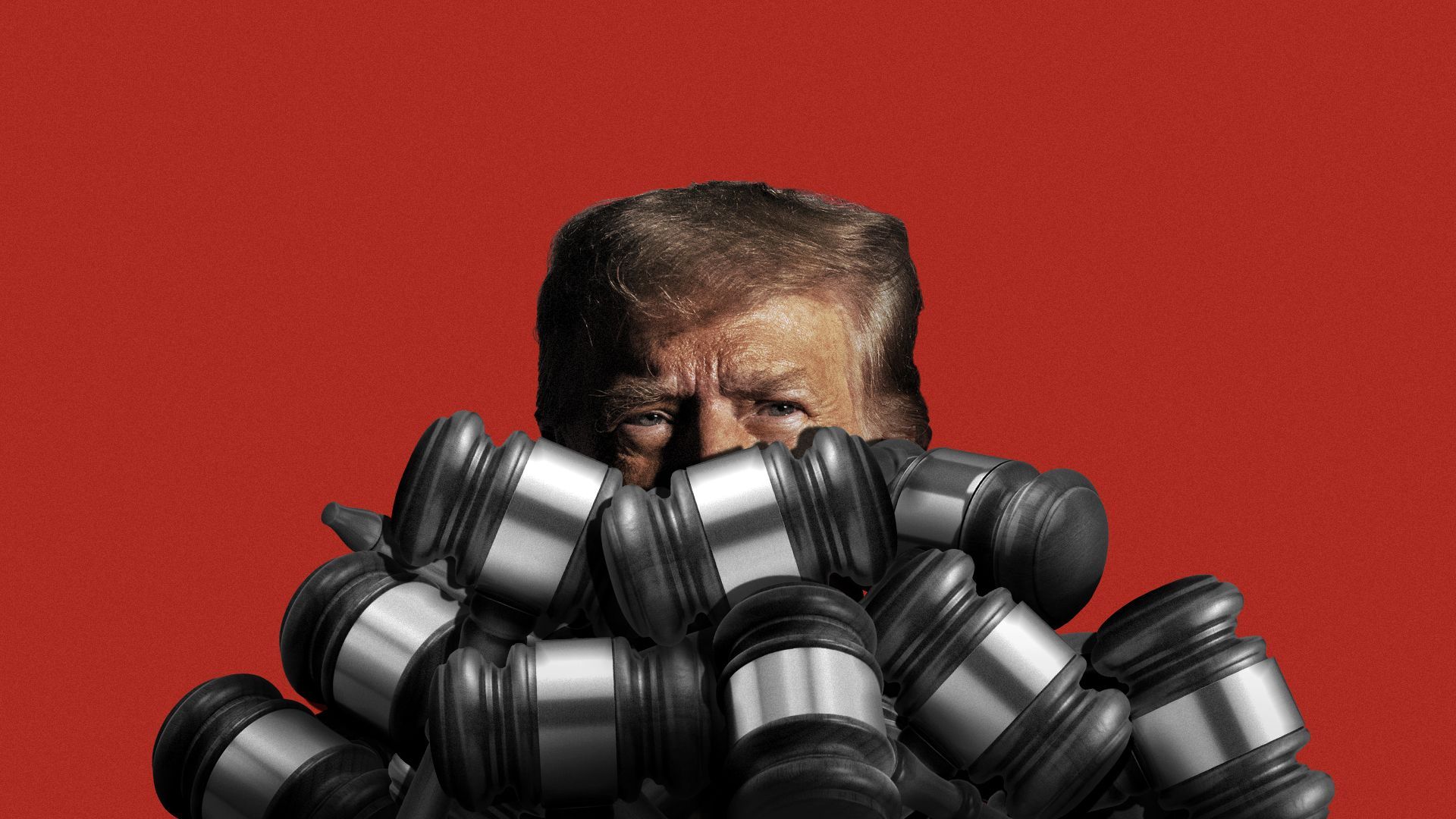 Illustration of Donald' Trump peeking from a pile of gavels.