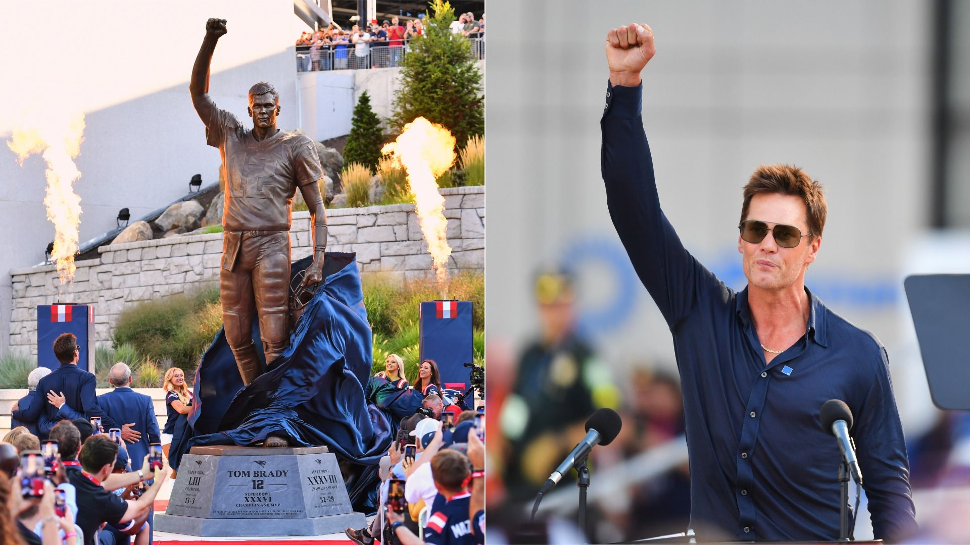 Bronze statue of Tom Brady in football gear with raised fist unveiled amid crowd and flames; Tom Brady wearing sunglasses and navy shirt raising fist at a microphone event.