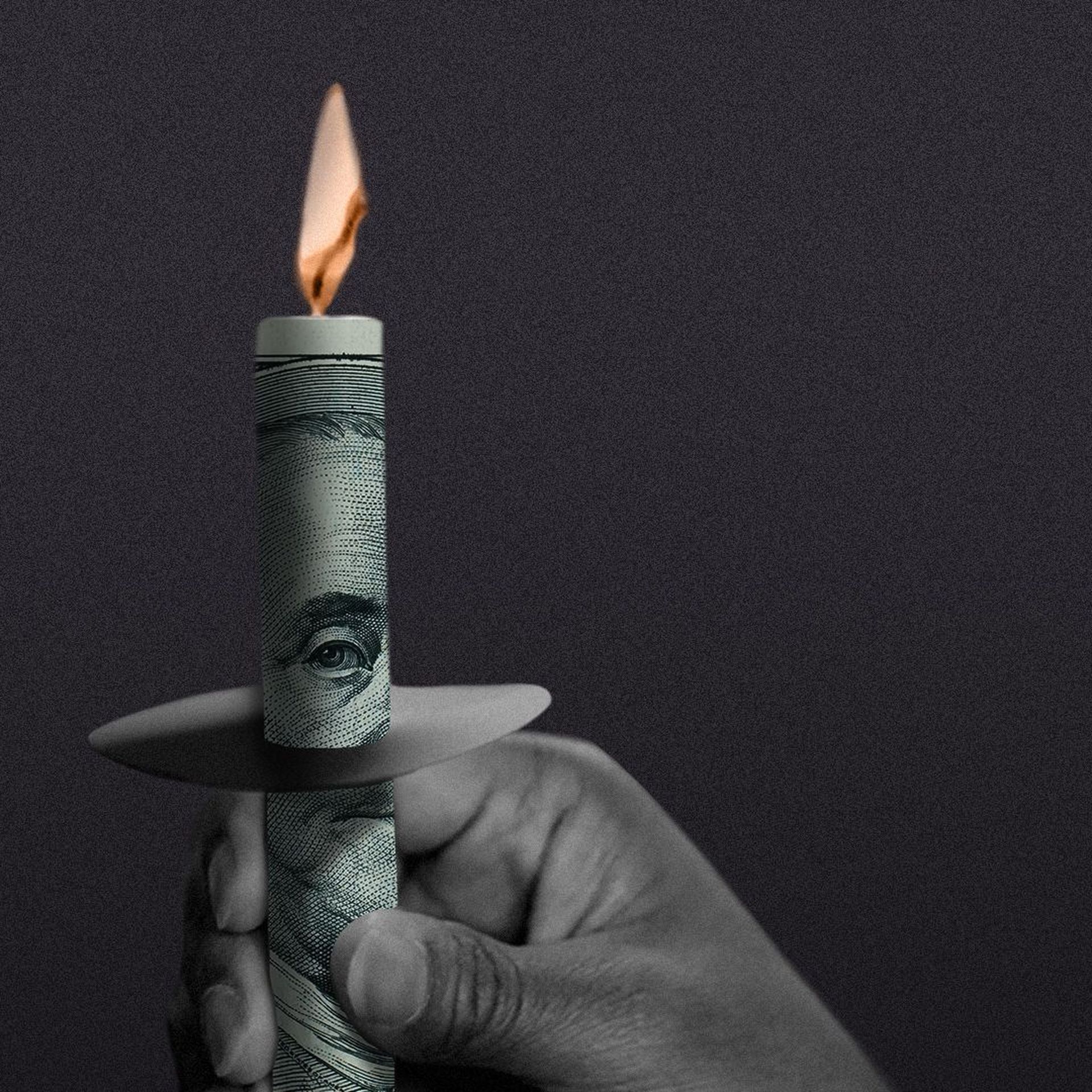 Illustration of a hand at a vigil holding a candle wrapped in a $100 bill.