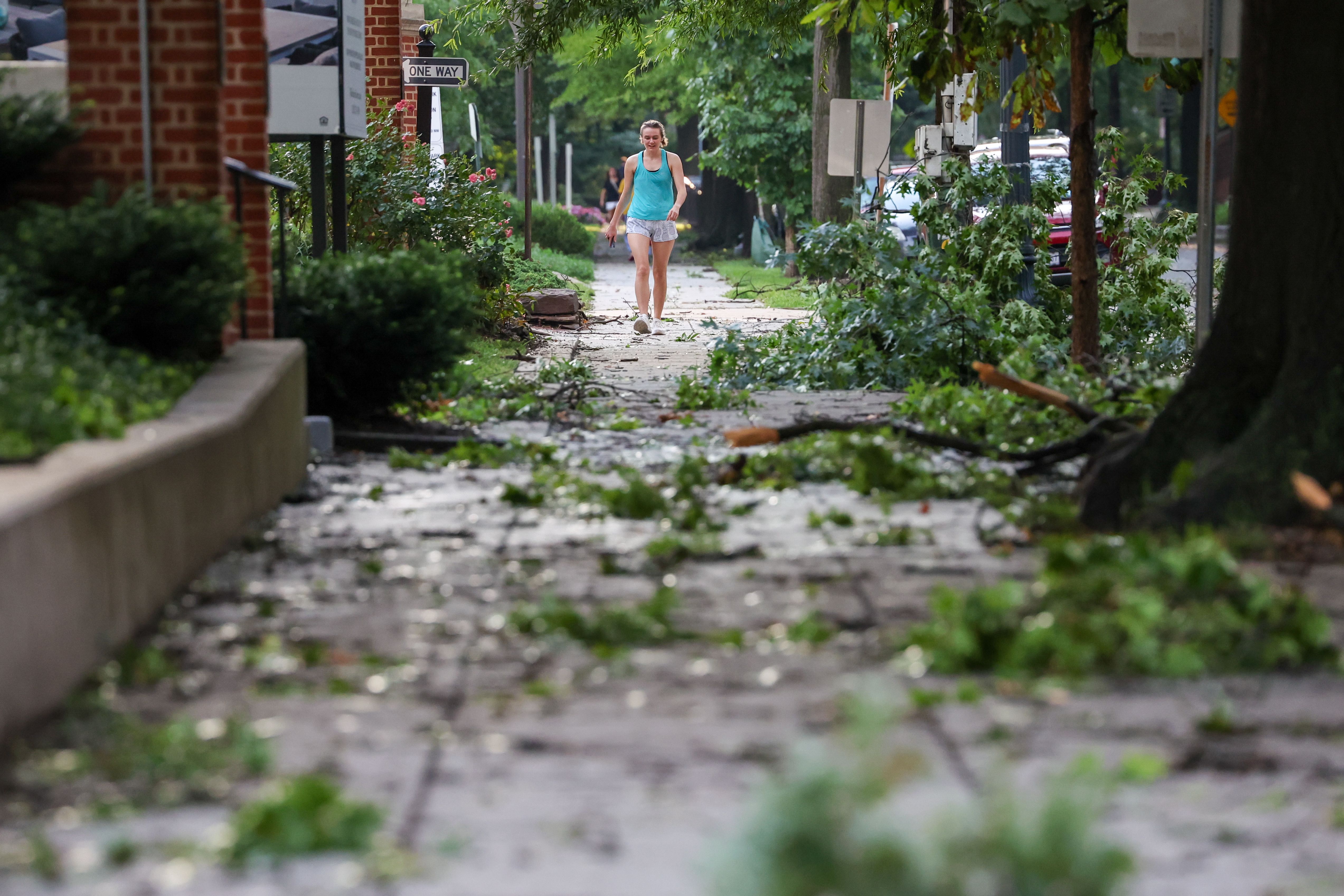 A woman walks on a sidewalk filled with tree debris.