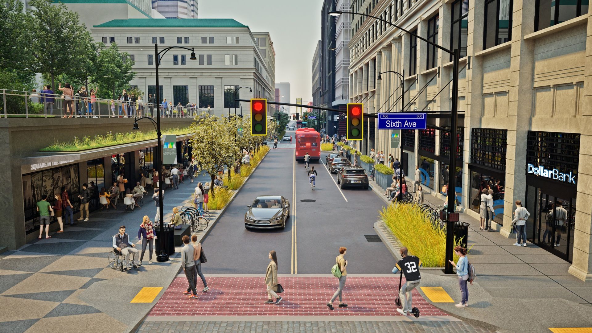 Busy city street with beige buildings, a red bus in traffic, cars and cyclists. A blue Sixth Ave sign hangs above as pedestrians fill sidewalks and a raised walkway on the left.