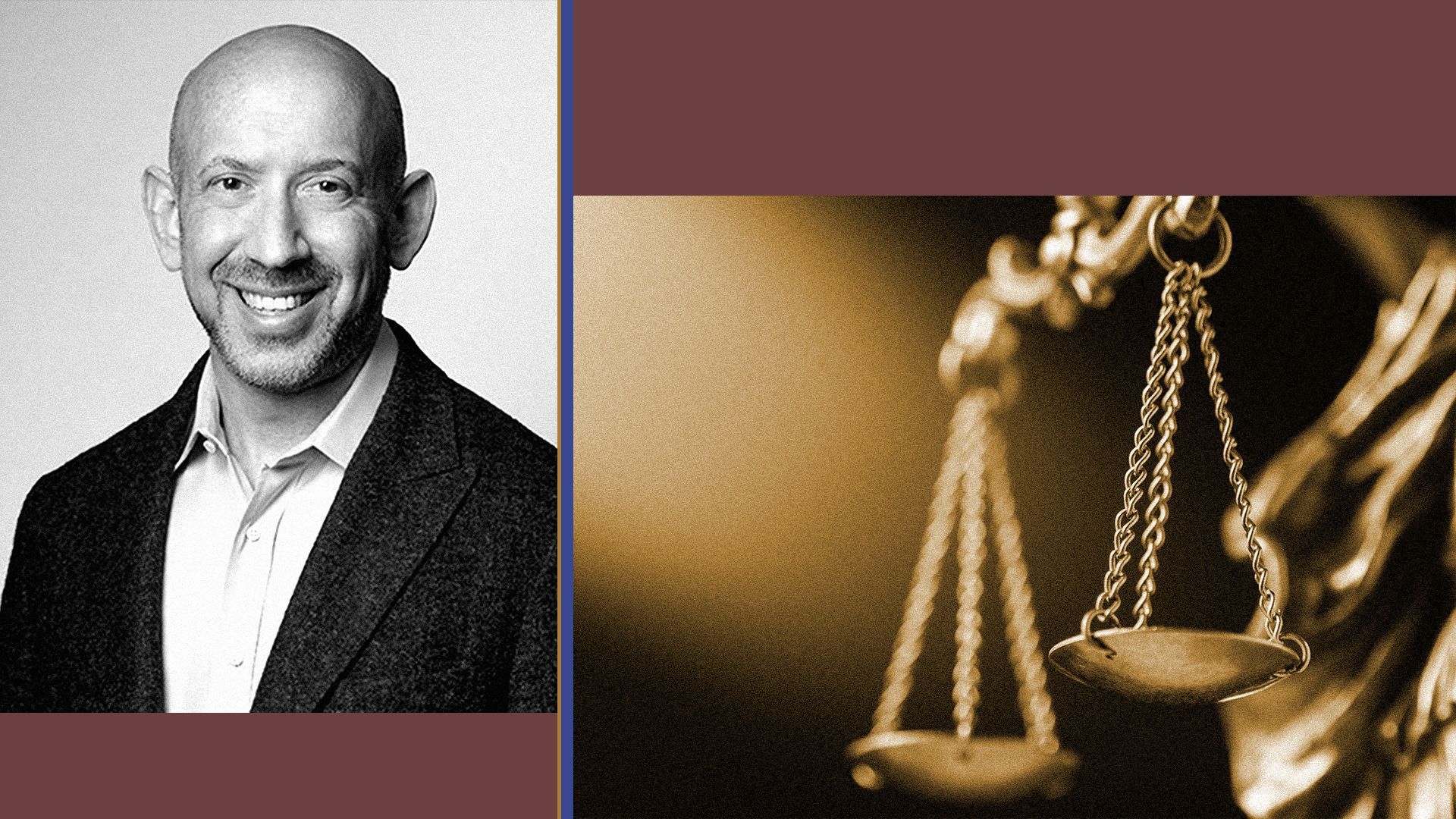 Photo illustration of Scott Sher with colorful shapes and a photo of the scales of justice.