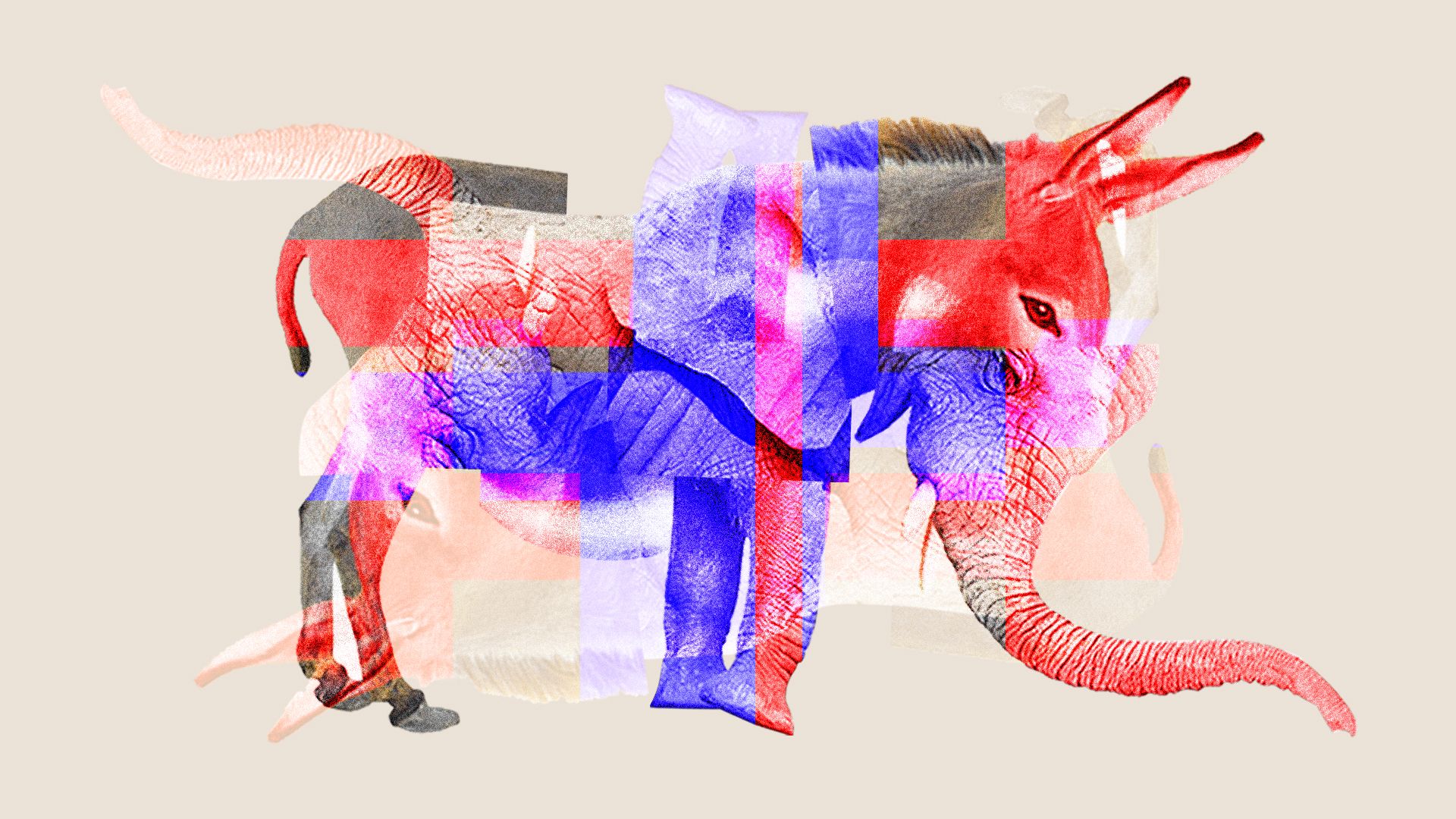 Illustration of a mix of elephant and donkey to show partisanship mix