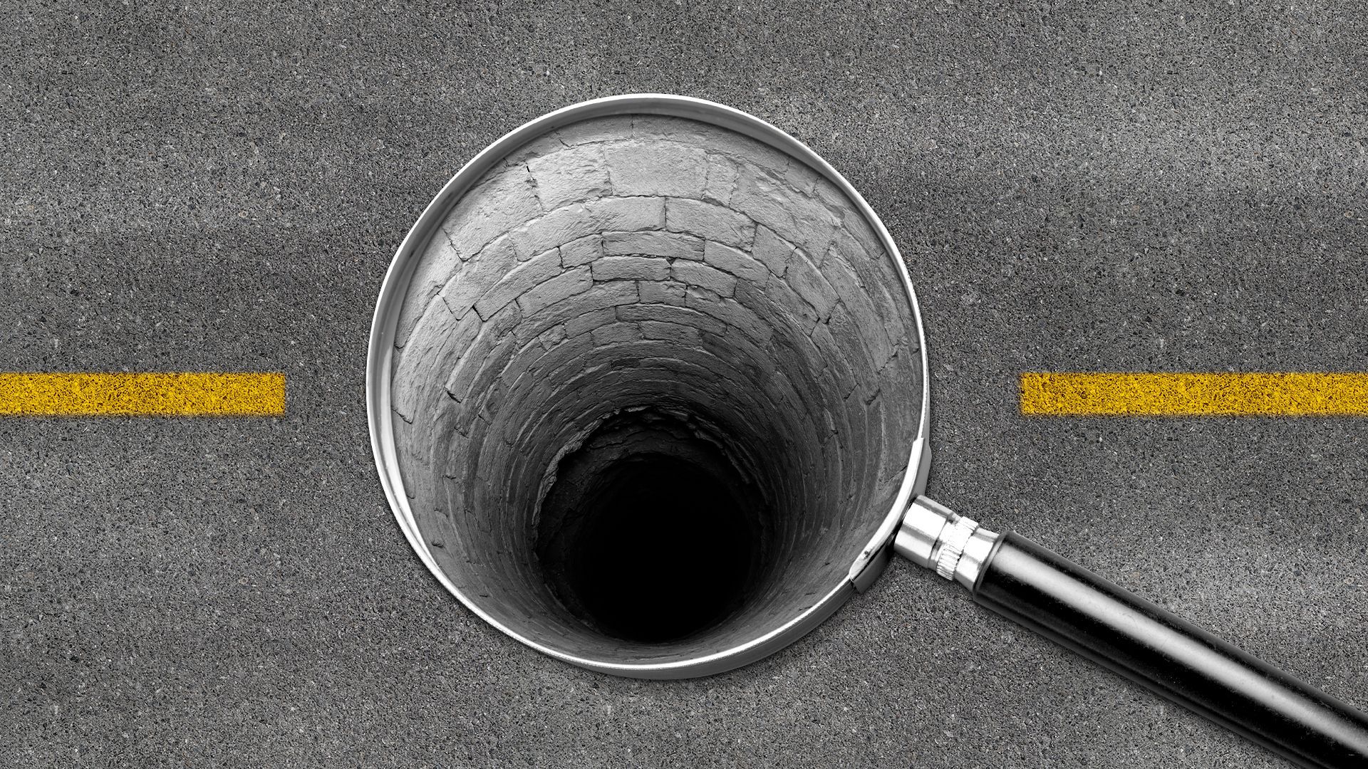 Illustration of a magnifying glass over an open sewer hole