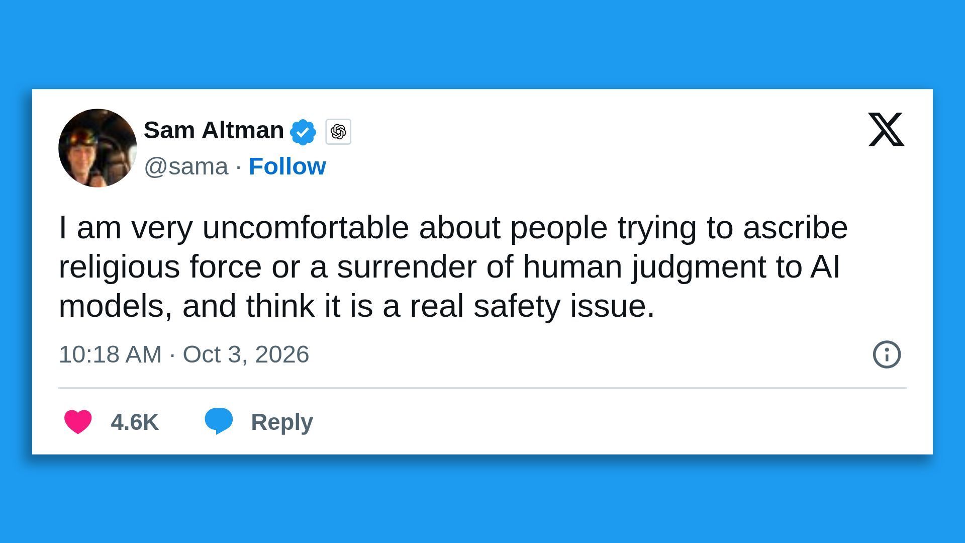 White social post card on a blue background with round profile image, blue verification badge, and a large quote about not surrendering human judgment to AI models; timestamp 10:18 AM Β· Oct 3, 2026