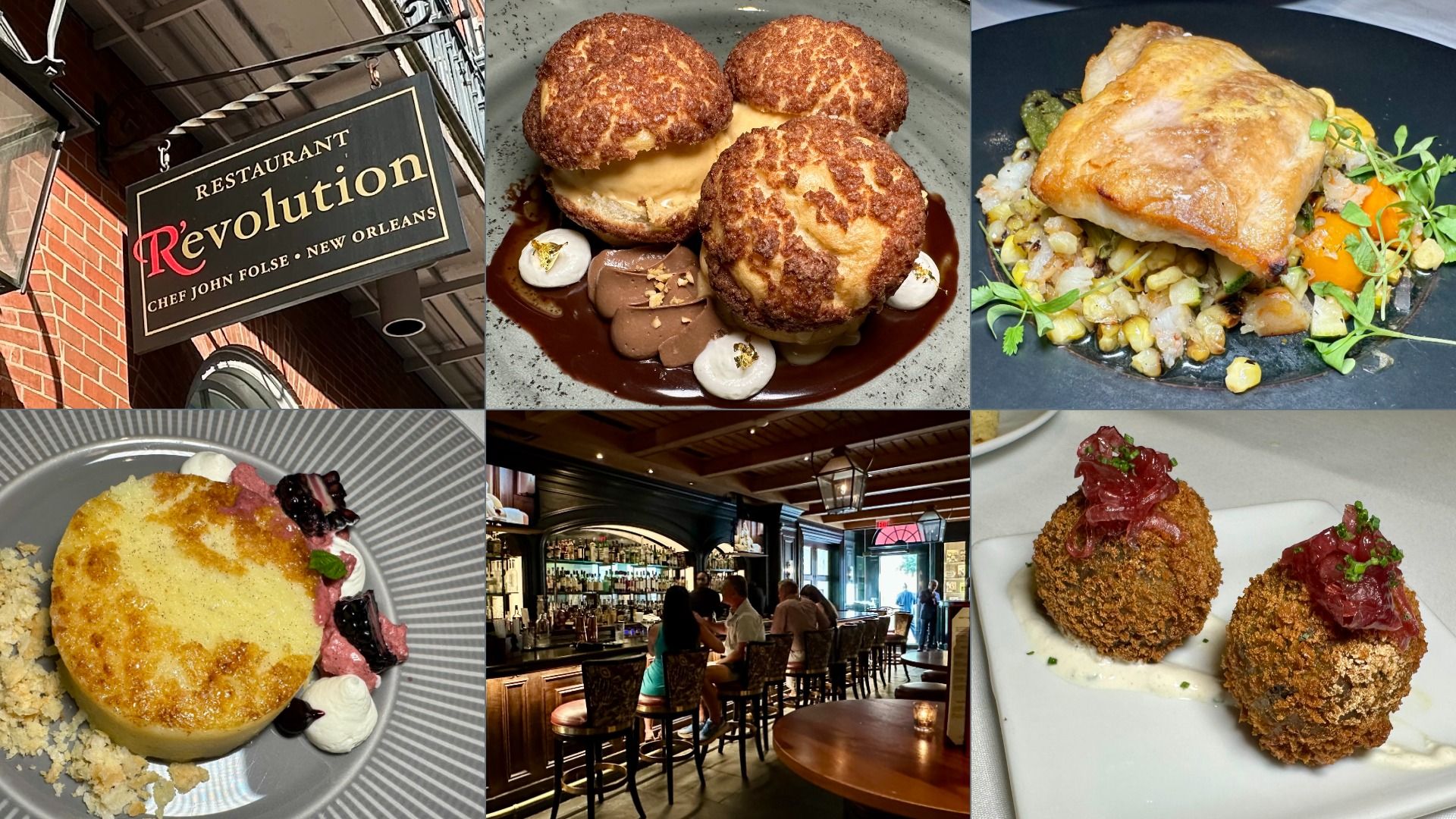 Image show six photos: sign for Restaurant R'evolution, profiteroles with ice cream, a fish dish, chess pie, the inside of an upscale bar and boudin balls.