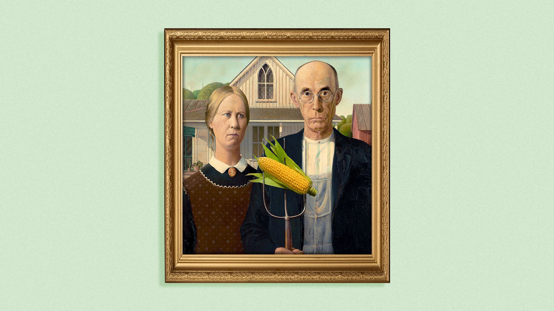 Photo illustration of corn on the pitchfork in the painting "American Gothic".
