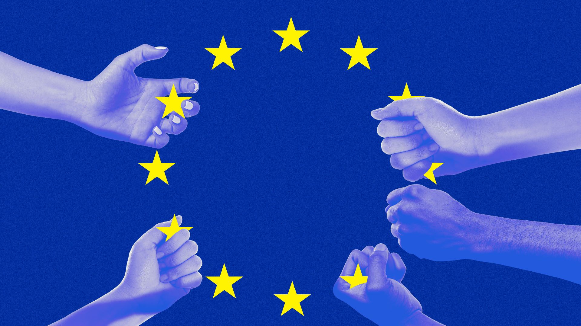 Hands grabbing the stars of the EU flag