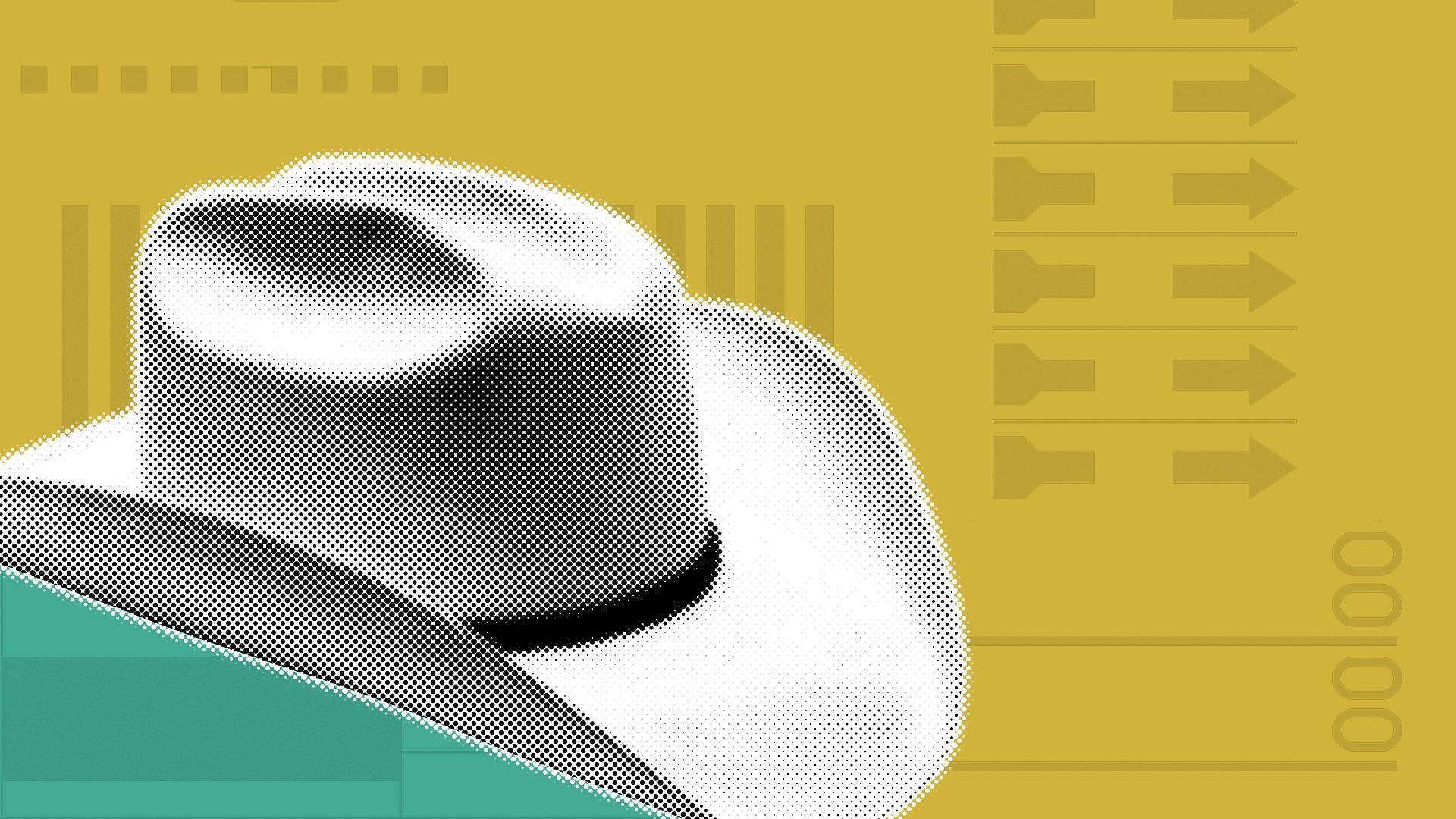 Illustration of a cowboy hat over a divided green and yellow background with elements of ballots.