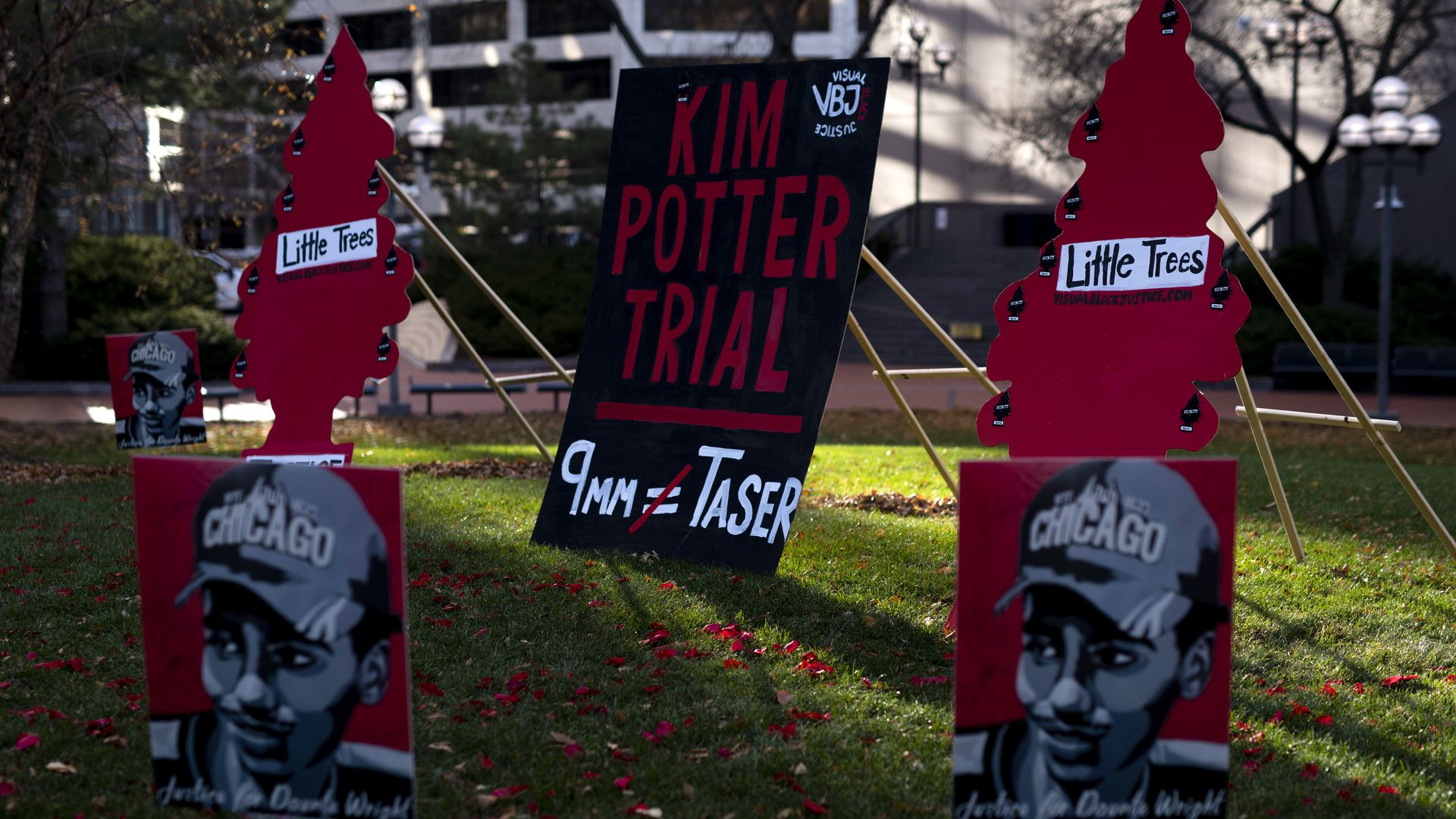 Artwork is displayed outside the Hennepin County Government Center on November 30, 2021 in Minneapolis, Minnesota.