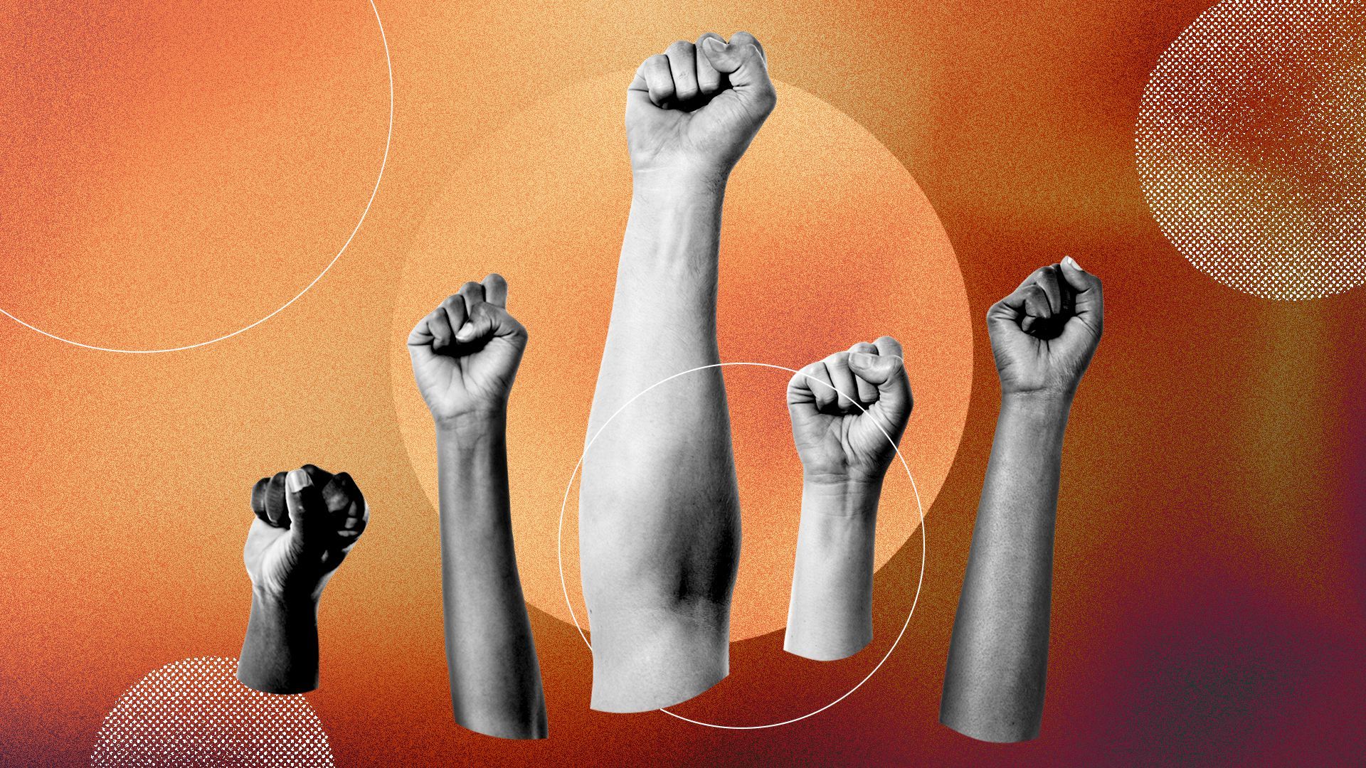 Illustration of multiple clenched fists in the air.