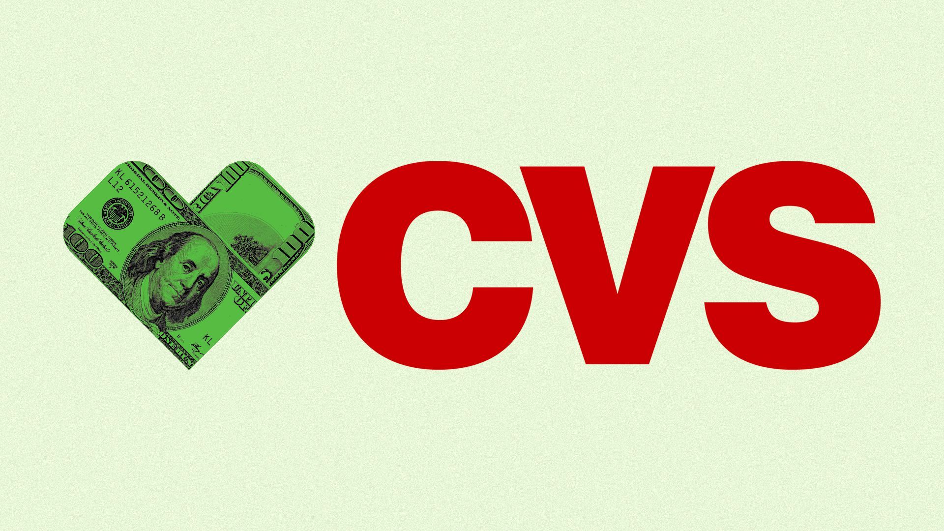 Illustration of the CVS logo with dollar bills forming the heart.