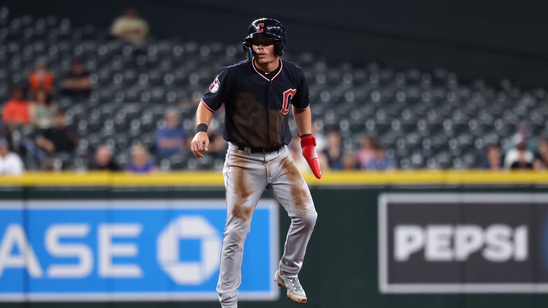  Travis Bazzana #37 of the Cleveland Guardians leads off second base during a spring training game against the Arizona Diamondbacks at Chase Field.