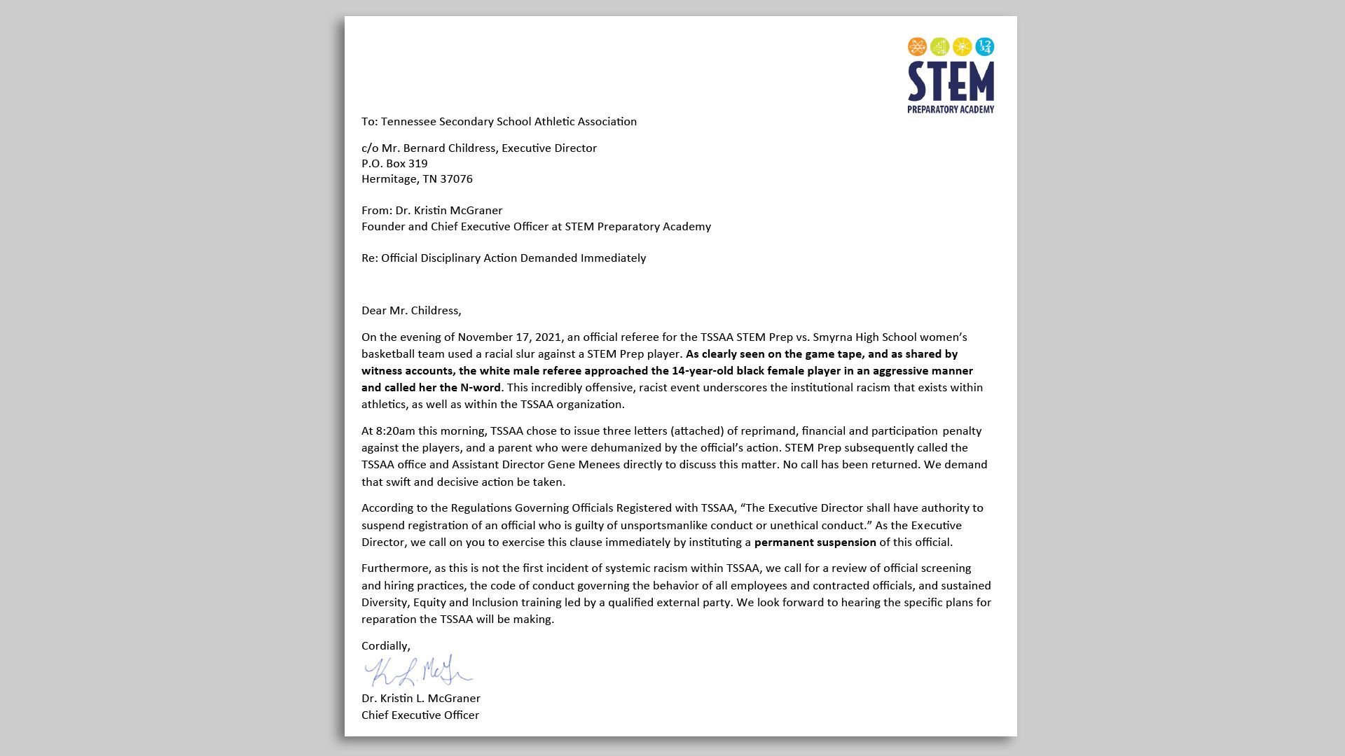 The leader of Nashville charter school STEM Preparatory Academy sent a letter saying the incident was a vivid illustration of "institutional racism" embedded in athletics and the TSSAA itself.