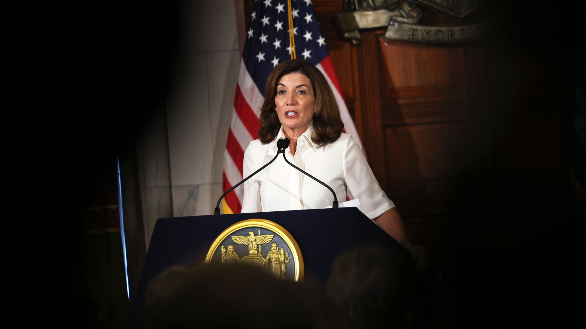New York Gov. Kathy Hochul speaks after taking her ceremonial oath of office at the New York State Capitol on August 24, 2021 in Albany, New York