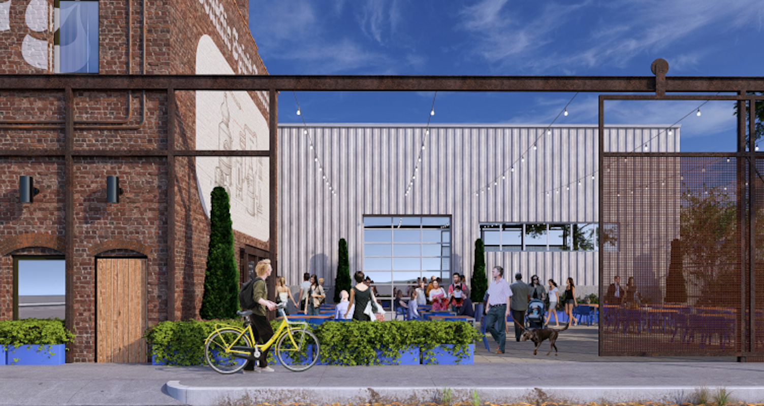 Outdoor cafe scene with people sitting and walking, a person with a yellow bicycle, a dog on a leash, brick and metal buildings, string lights overhead, and greenery in planters.