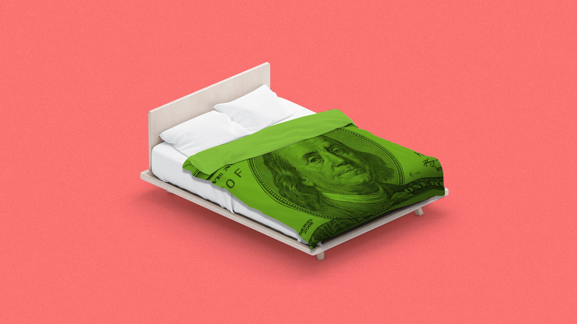 Illustration of a bed with the duvet as a hundred dollar bill.