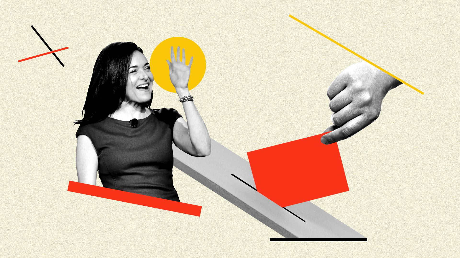 Illustrated collage of Sheryl Sandberg and a voter