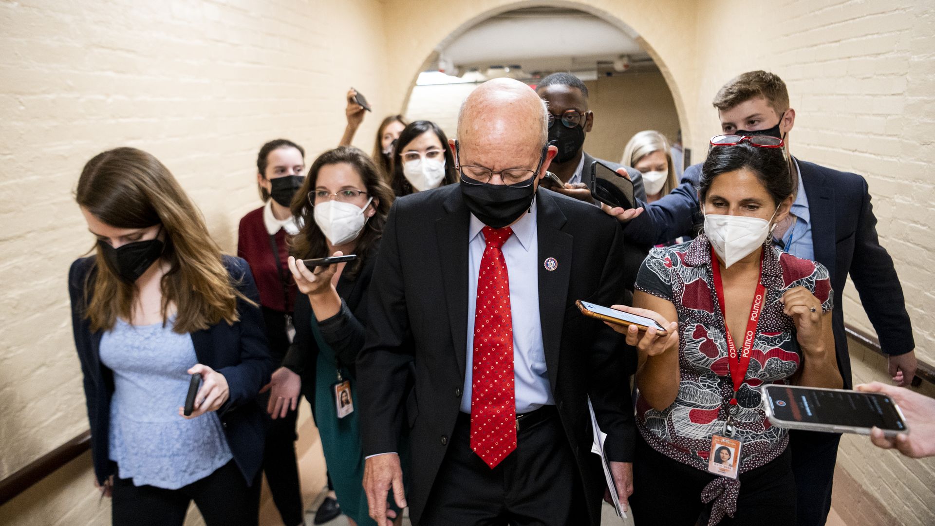 Rep. Peter DeFazio is seen surrounded by reporters after a meeting of the House Democratic caucus on Monday.