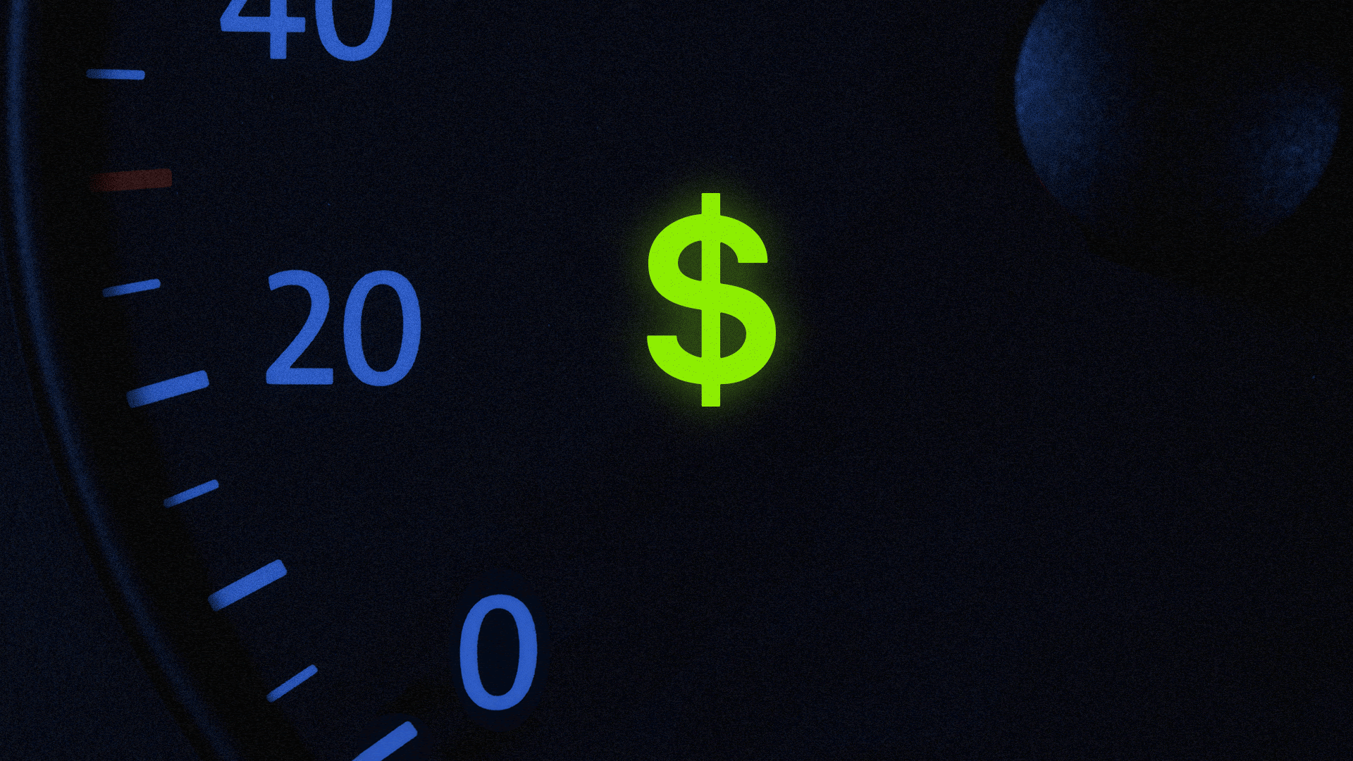 A car dashboard with a blinking money sign 