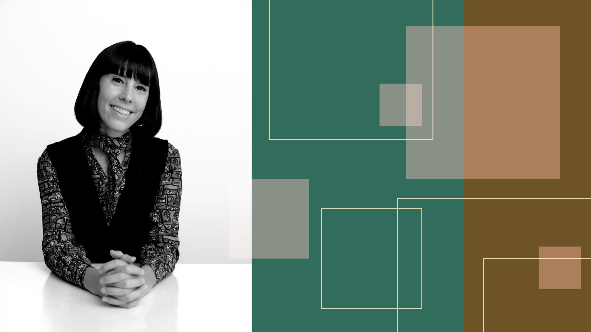 Photo illustration of Laura Fox surrounded by abstract shapes. 
