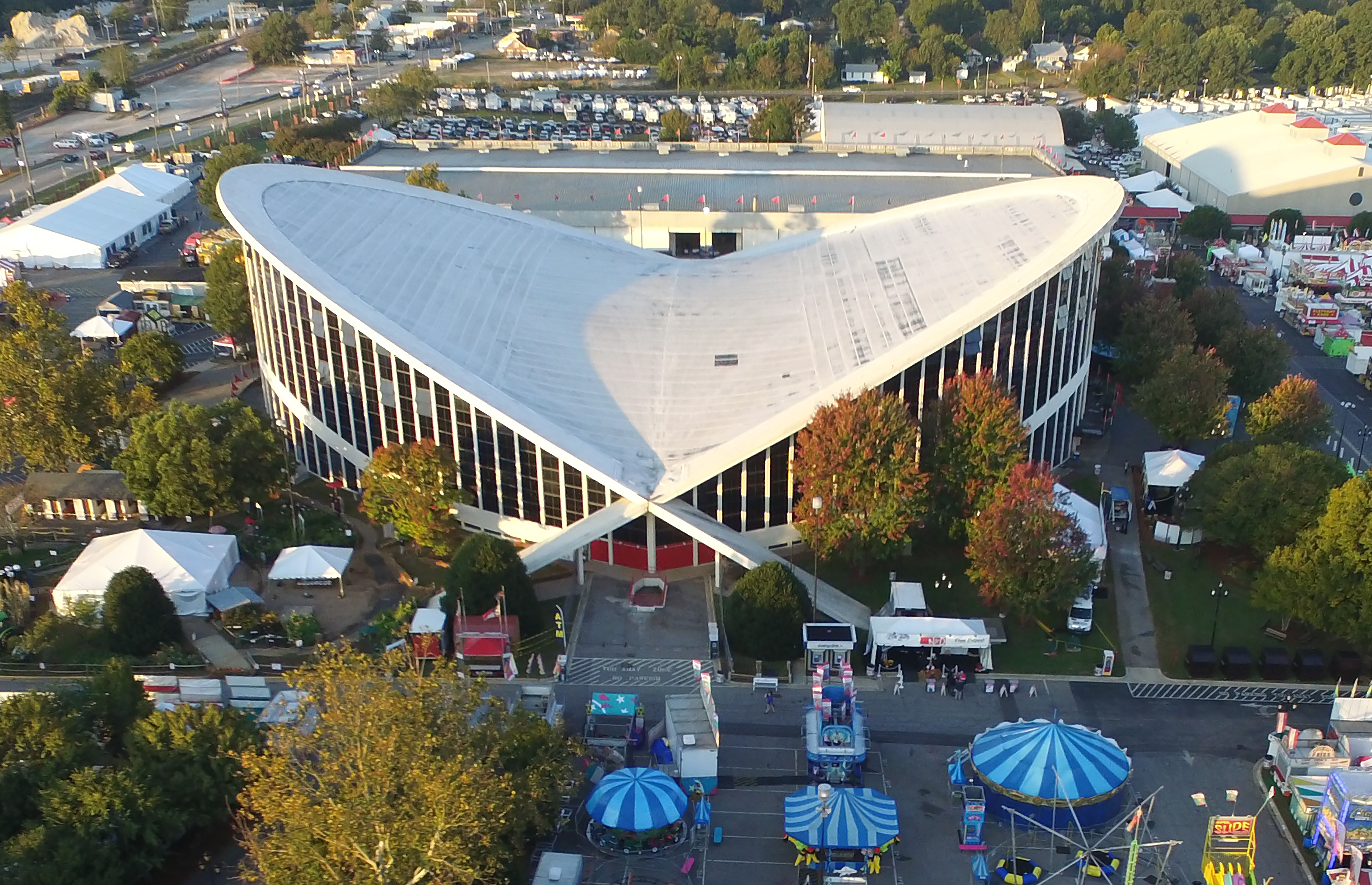 Drone footage of Dorton Area, which has a v-shaped roof. 