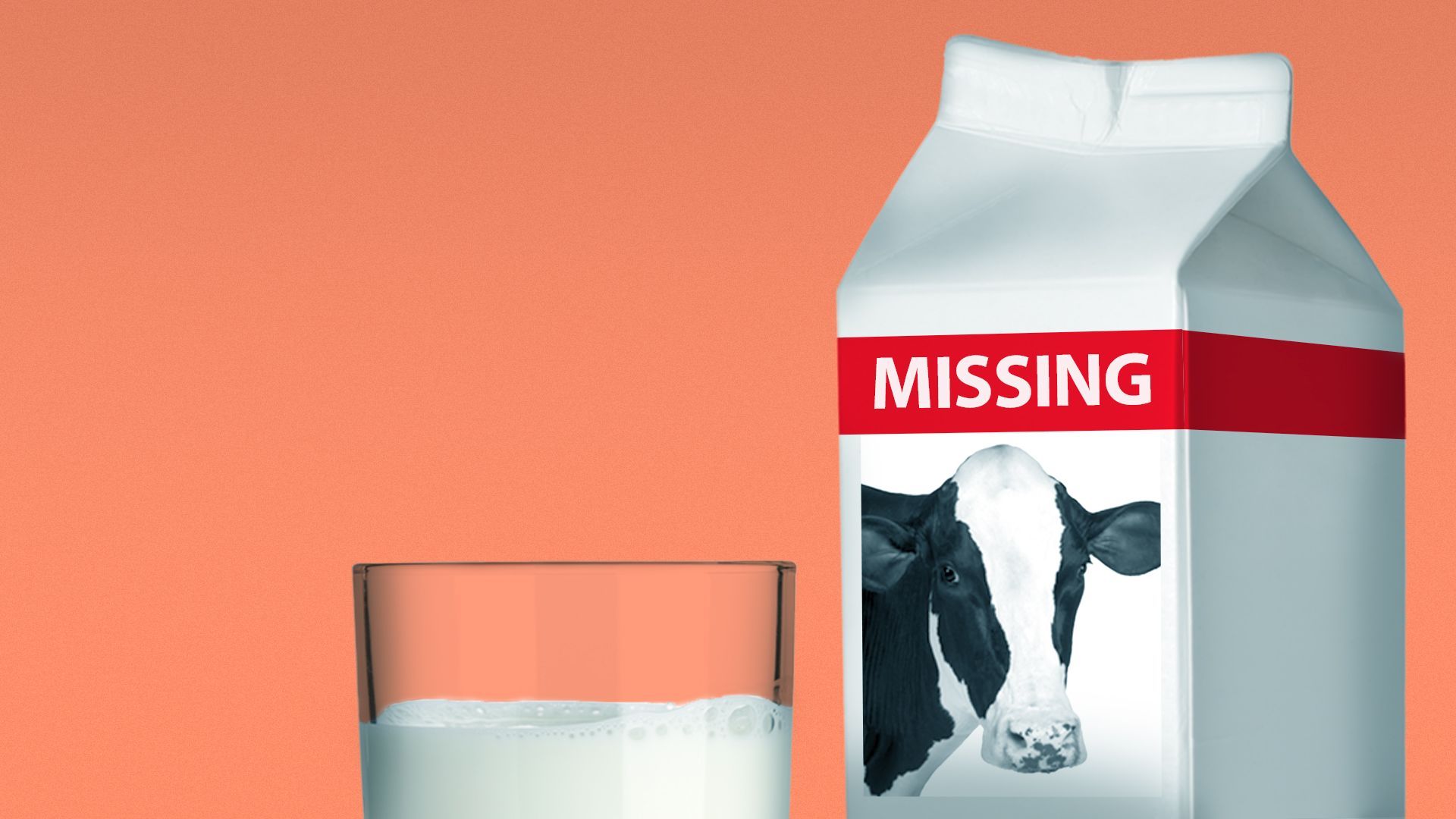 Illustration of a glass of milk and a milk carton with a missing cow. 