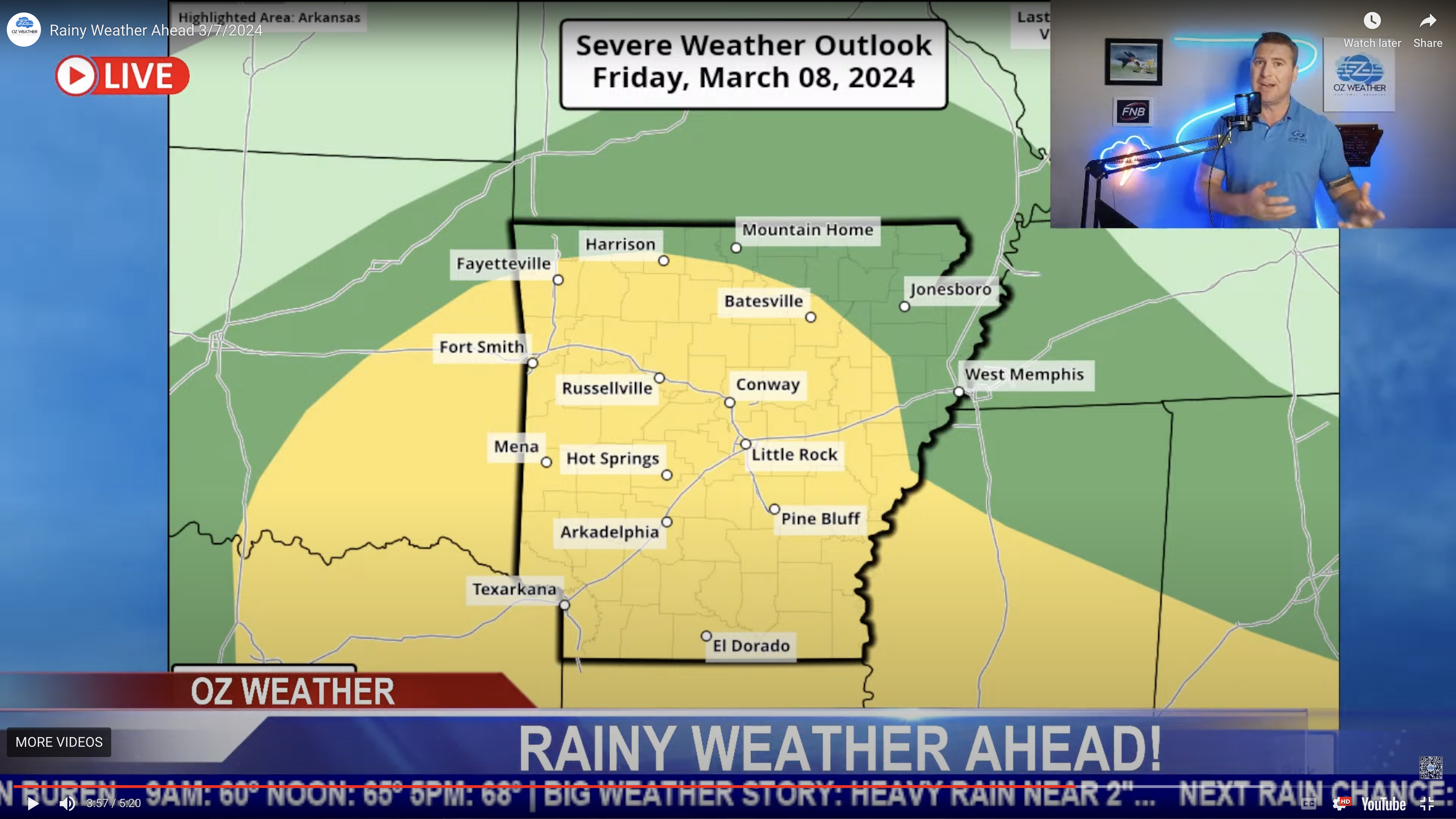 A screenshot of a weatherman giving a forecast of severe weather for Friday, March 8, 2024 showing a map of Arkansas.