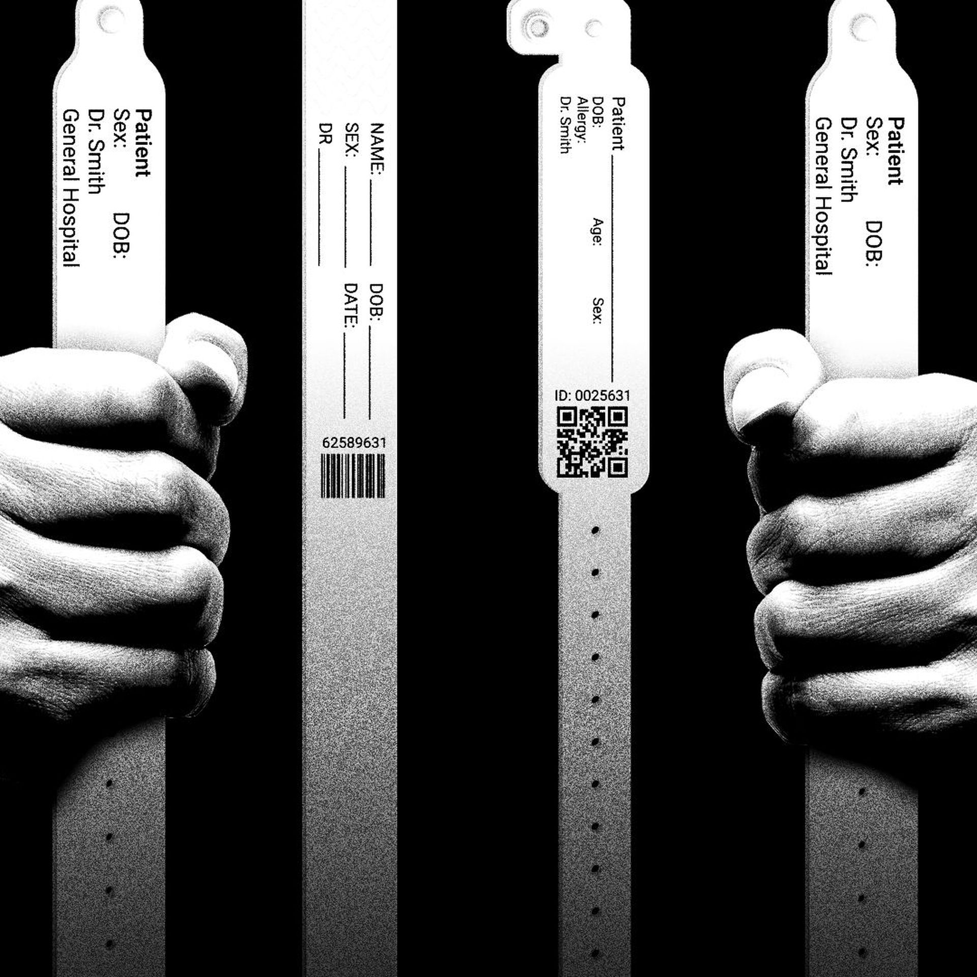 Illustration of hands holding jail bars made of medical wristbands.