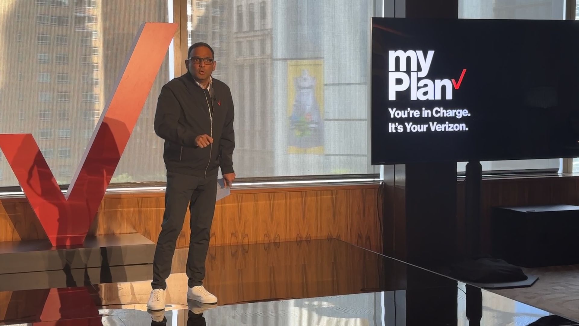 Sowmyanarayan Sampath, CEO of Verizon Consumer Group, speaks onstage at a Verizon event announcing its new mobile phone plan called My Plan