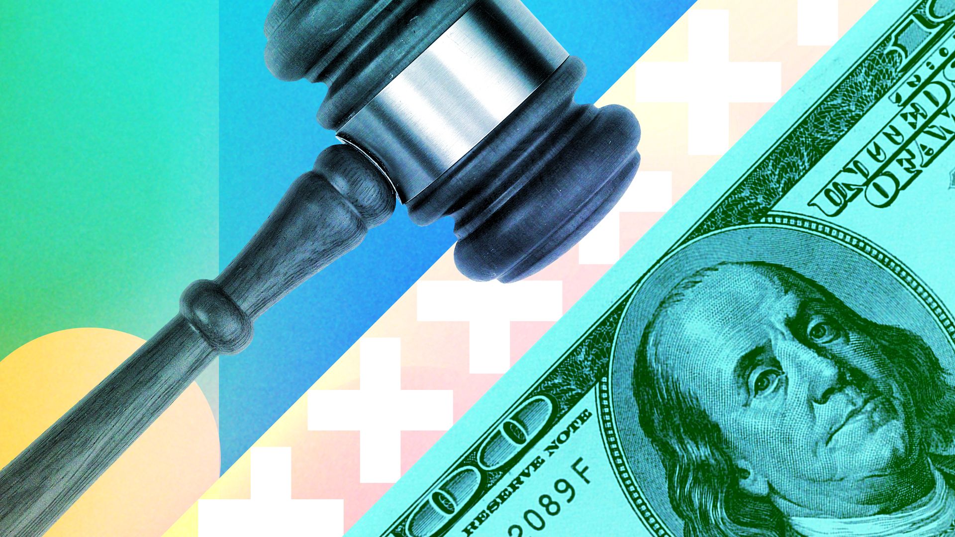 Illustrated collage of a gavel, a hundred dollar bill, and various shapes.