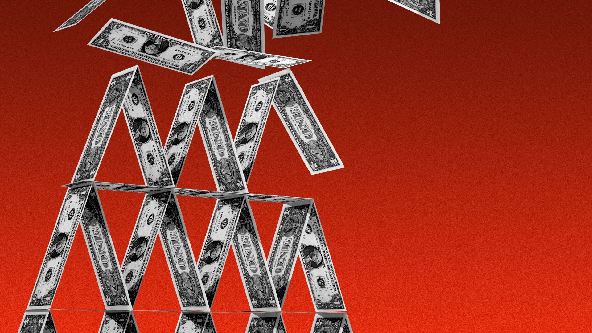 Illustration of dollar bills stacked as a house of cards falling over