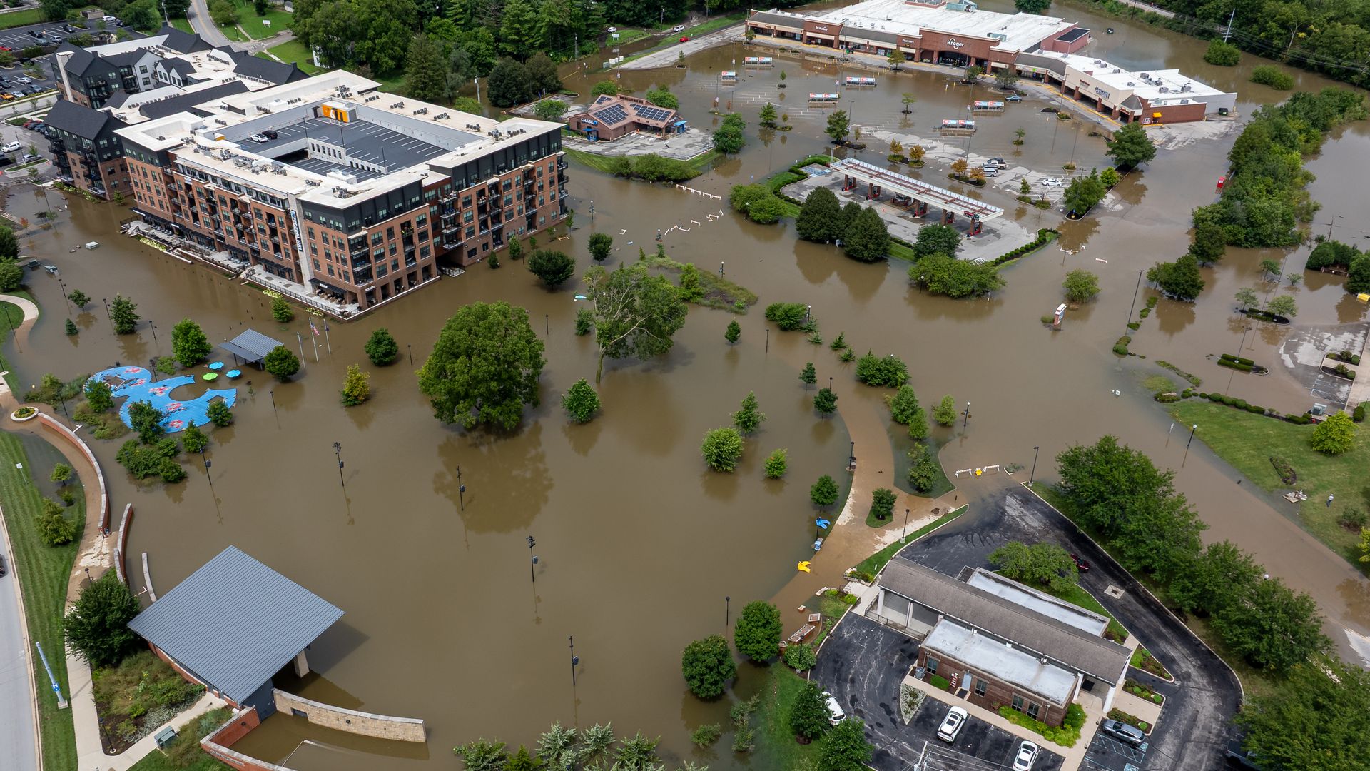 Aerial view of flooding after another round of heavy rain in central Indiana on August 15, 2026 in Noblesville, Indiana.